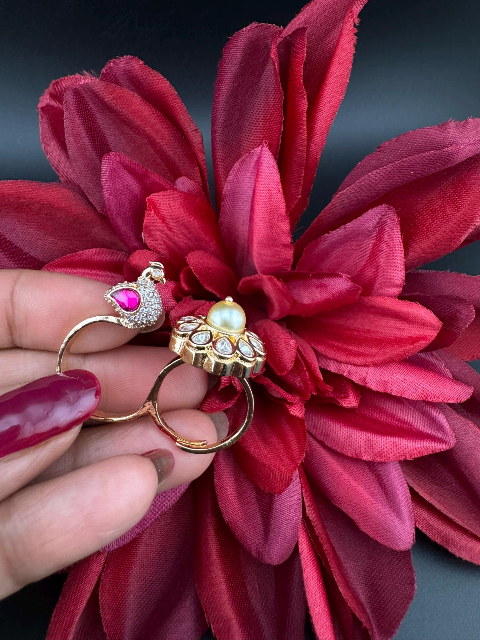 3D Premium 2 Finger Ring in kundan, Italian Mina(Enamel)/Adjustable Finger Ring/Indian Jewelry/Bollywood Jewelry/Indian Wedding jewelry