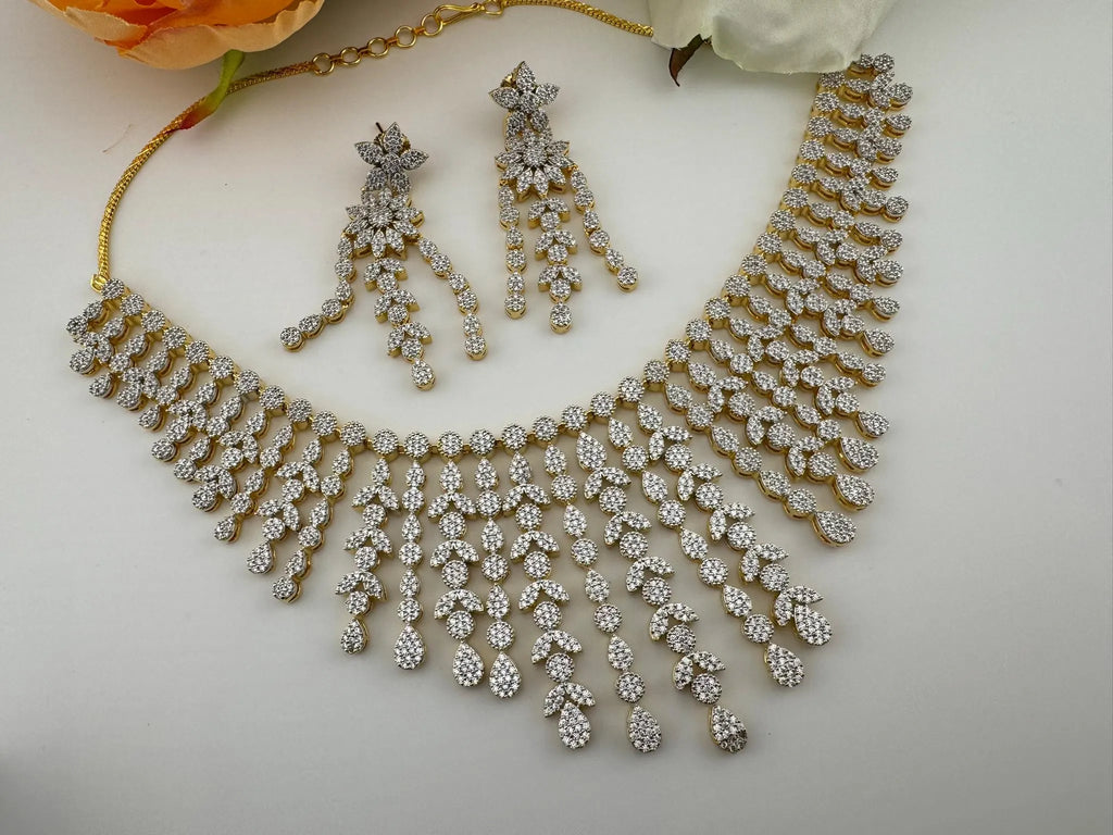 Premium American Diamond, Cubic Zirconia Bridal Collar Necklace with long earrings