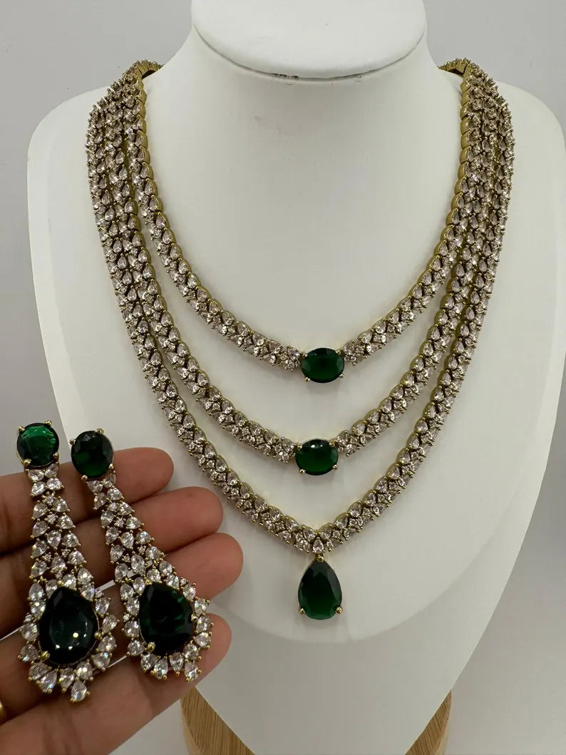 Victorian 3 layer Green Necklace set with long earrings