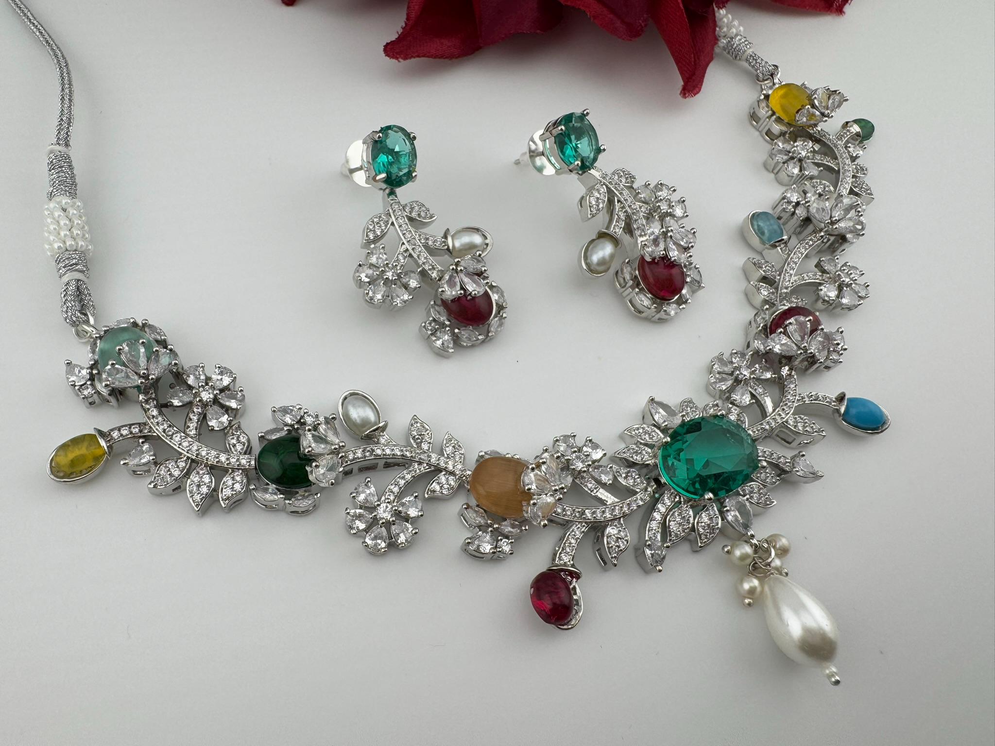 Rama Green Premium American Diamond, Cubic Zirconia, stones and pearls Floral Necklace with earrings