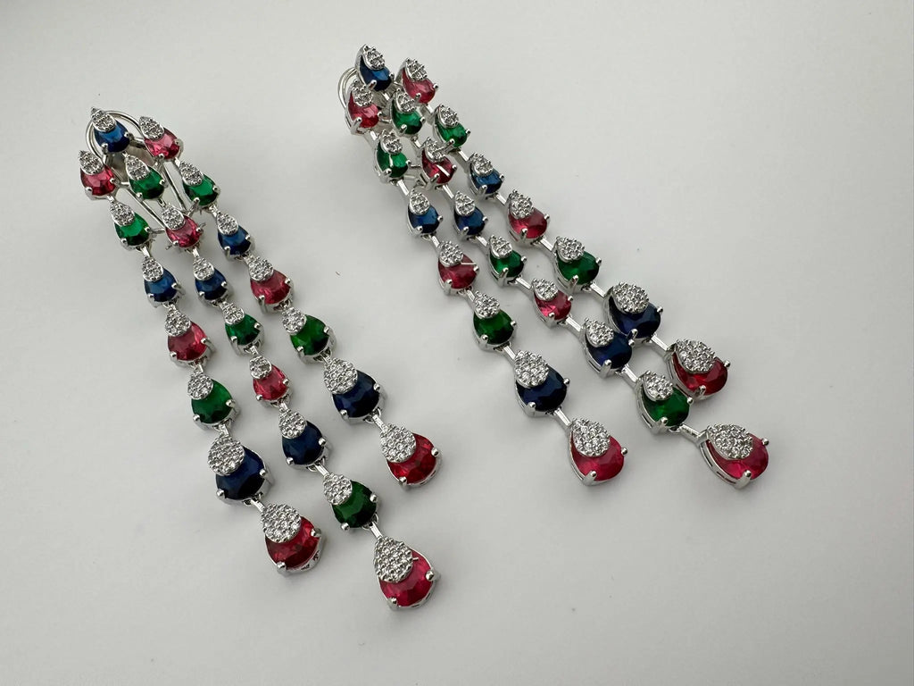 Premium Cubic Zirconia and Crystal stone in multicolor Statement Long earrings