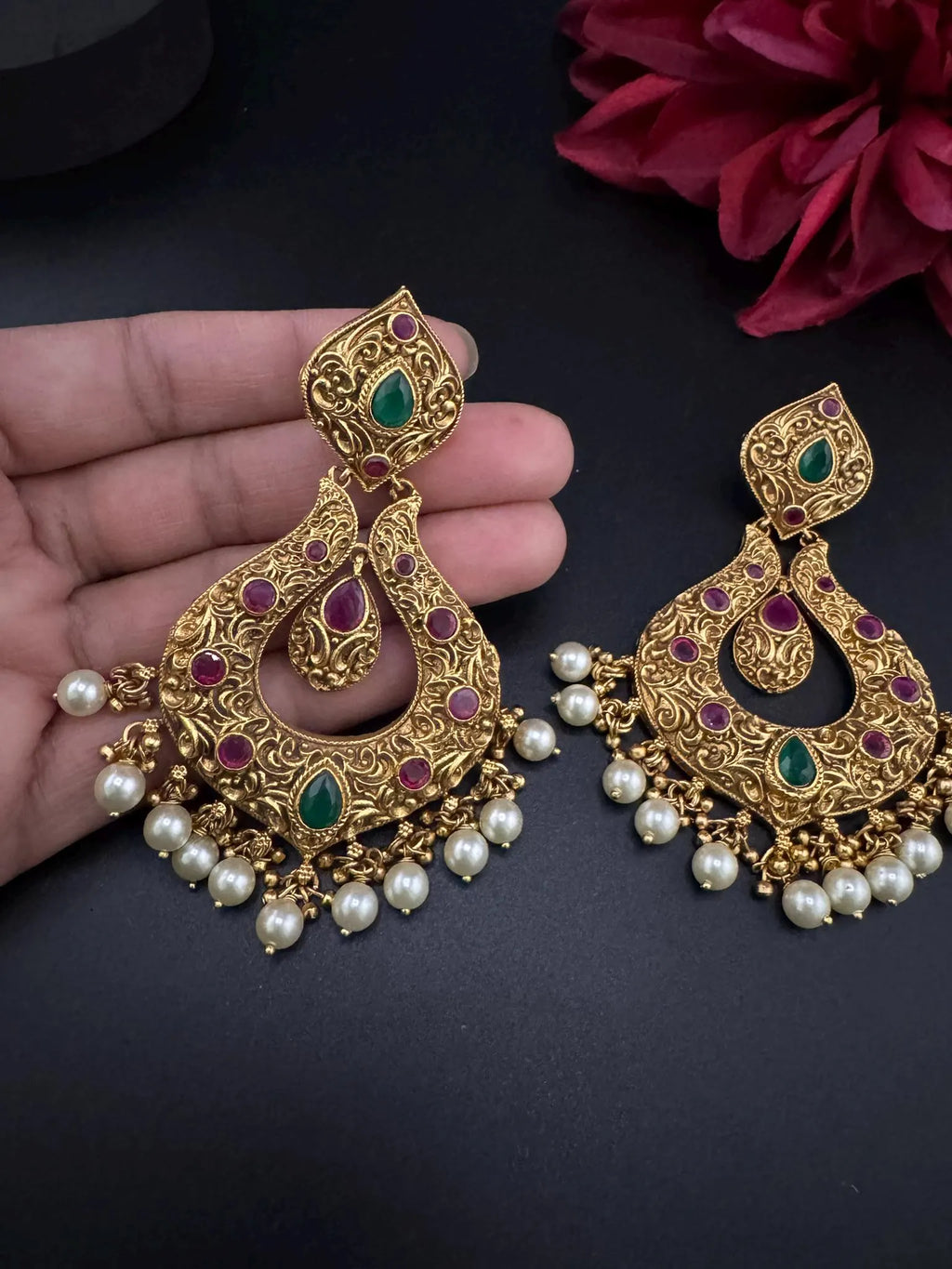 Amrapali inspired Premium Ruby and Green Pachi kundan Chand Bali in Matt Gold and Pearls designer Chandelier