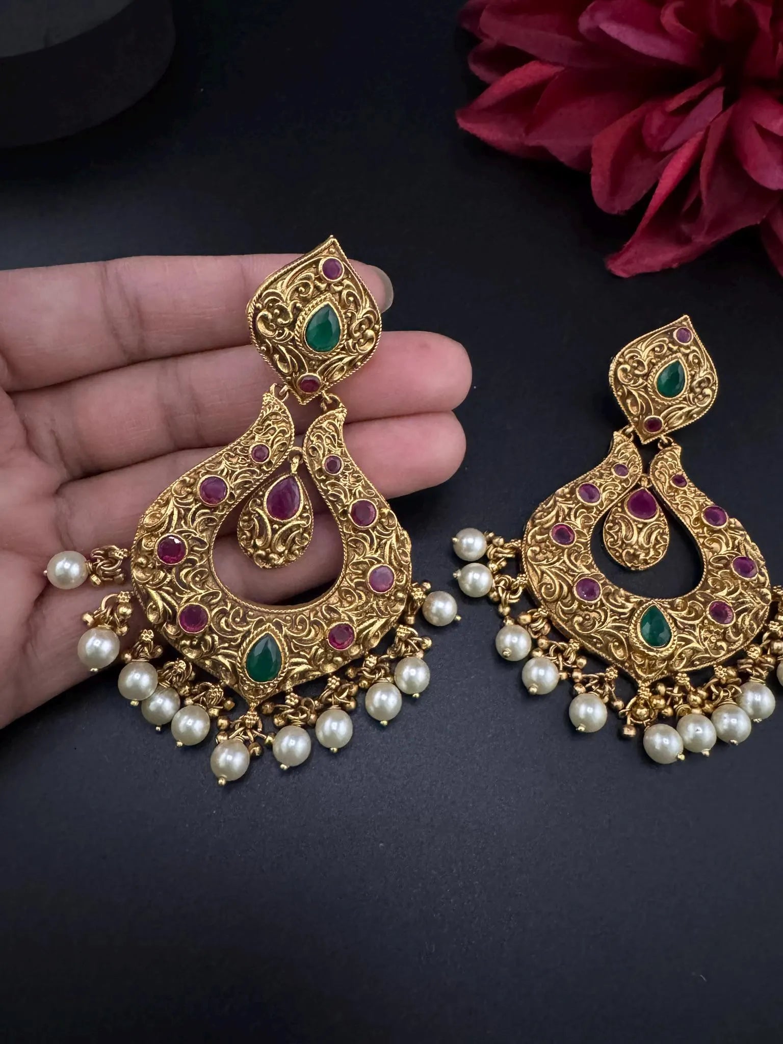 Amrapali inspired Premium Ruby and Green Pachi kundan Chand Bali in Matt Gold and Pearls designer Chandelier