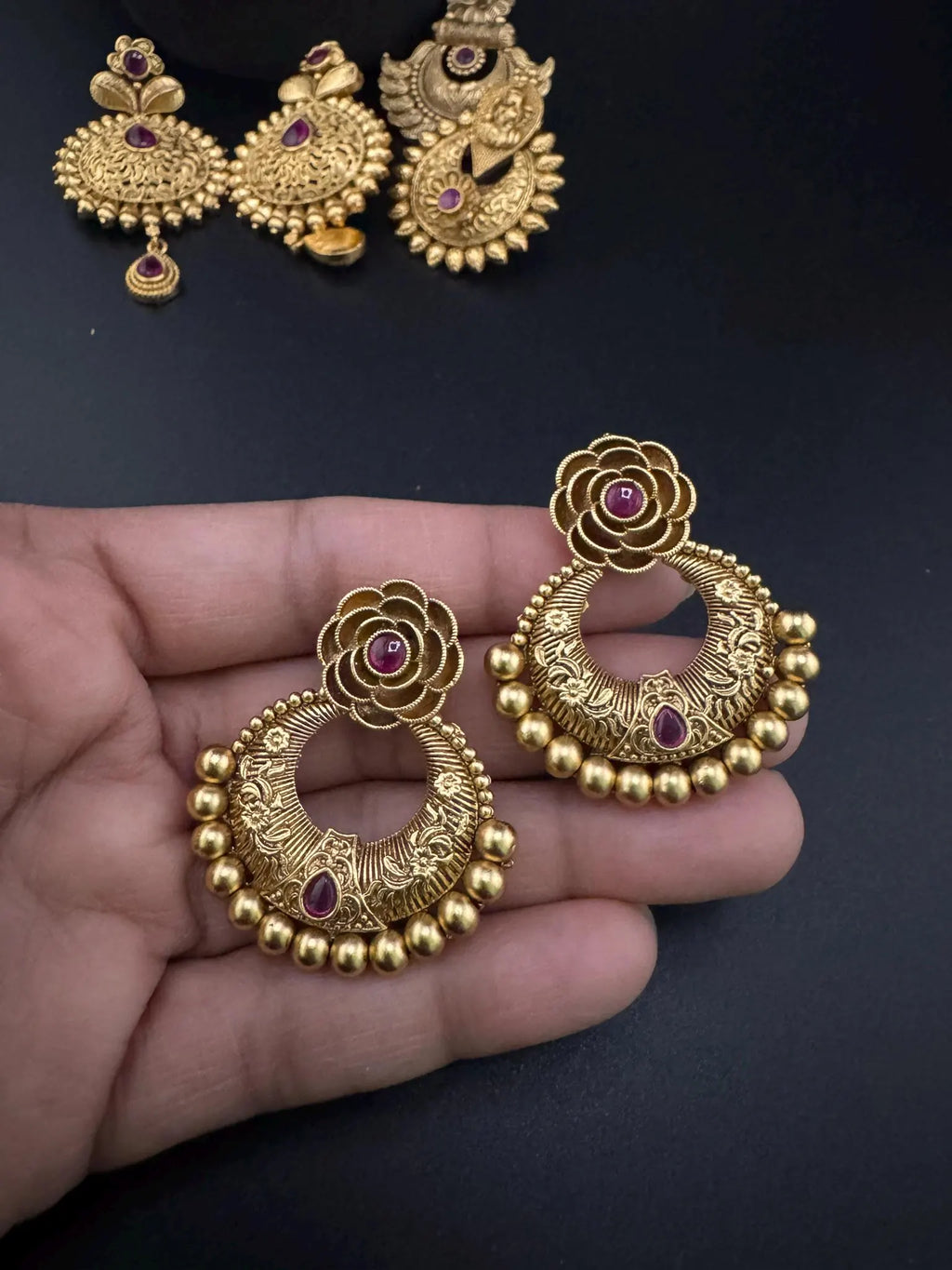 Premium Ruby and Pachi kundan Chand Bali in Matt Gold and Pearls is Amrapali inspired designer earrings
