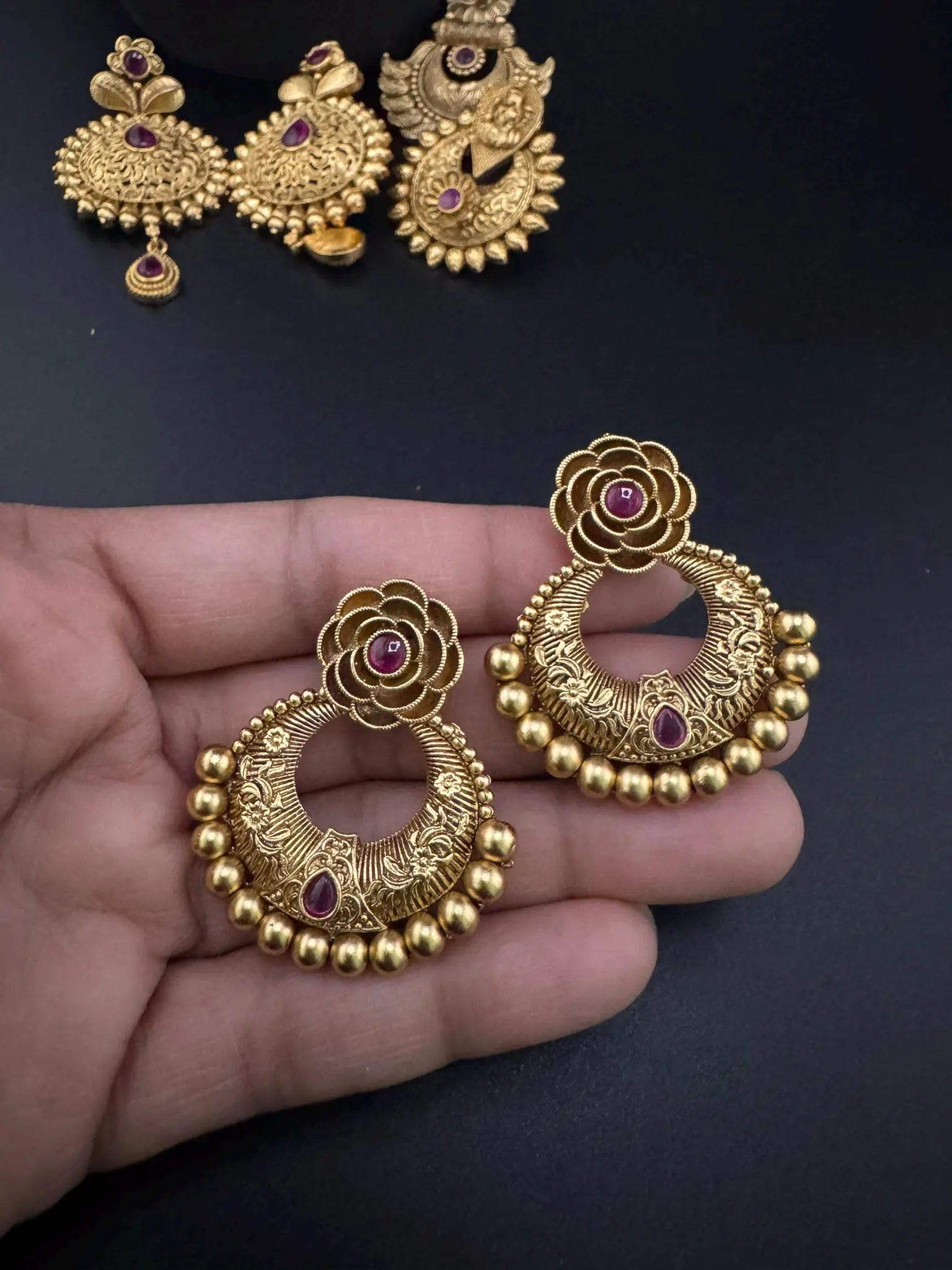 Premium Ruby and Pachi kundan Chand Bali in Matt Gold and Pearls is Amrapali inspired designer earrings