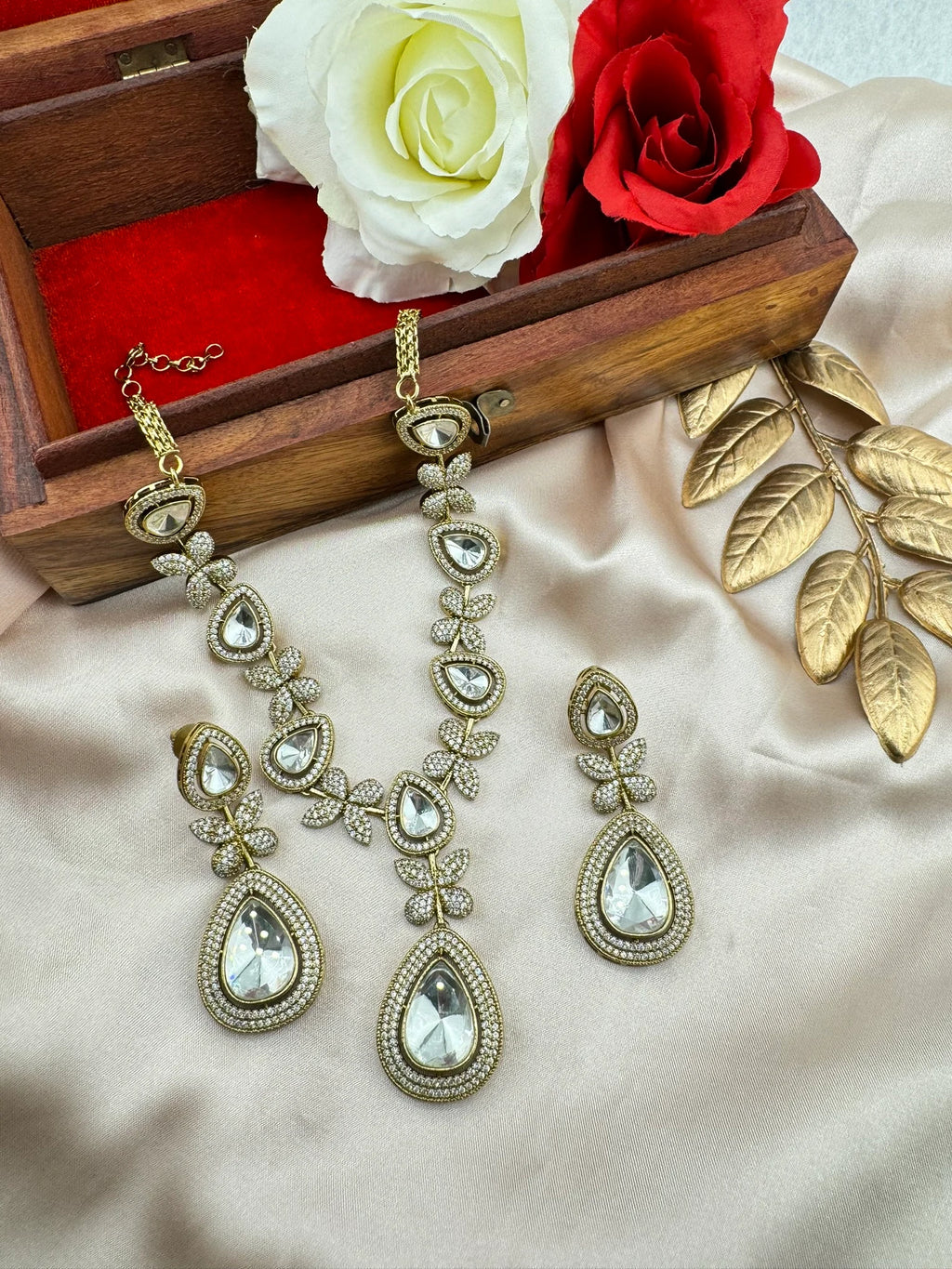 Premium Victorian Long Necklace set with long earrings with Moissanite Kundan and Cubic Zirconia
