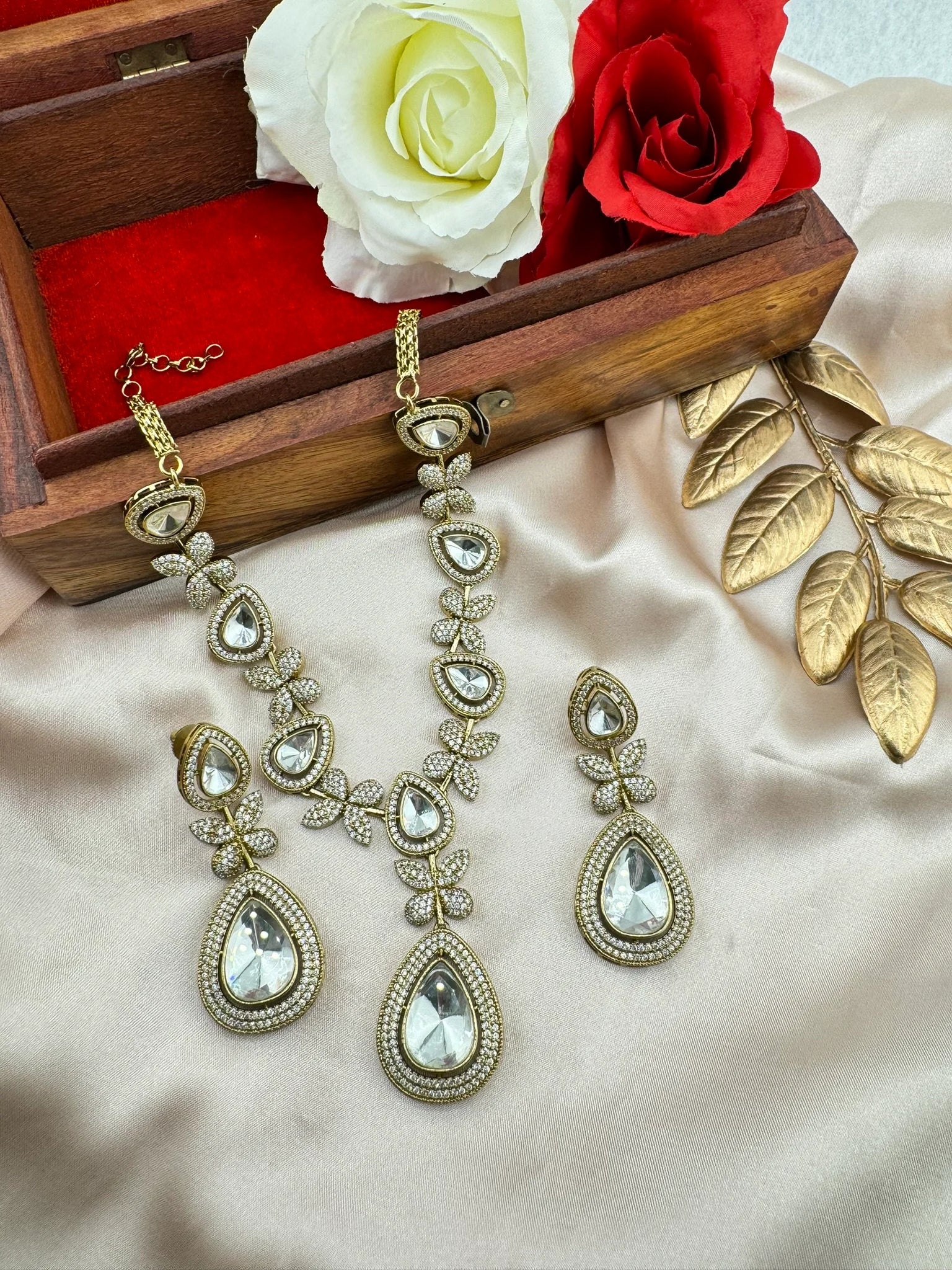 Premium Victorian Long Necklace set with long earrings with Moissanite Kundan and Cubic Zirconia