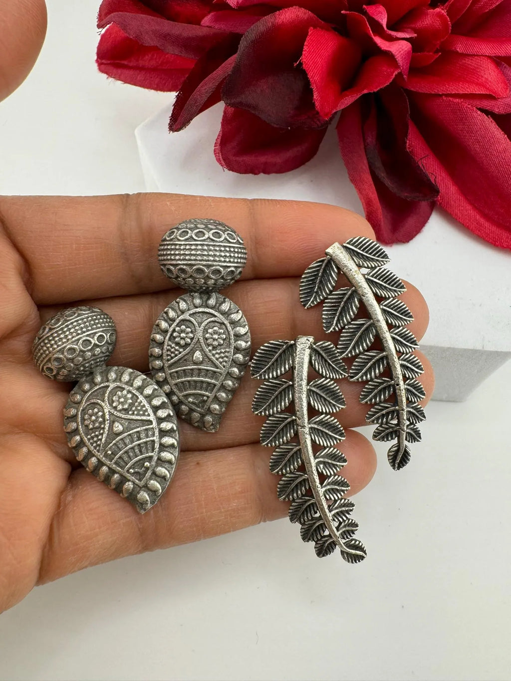 COMBO of 2 German SIlver oxidized earrings, leaf and mango earrings