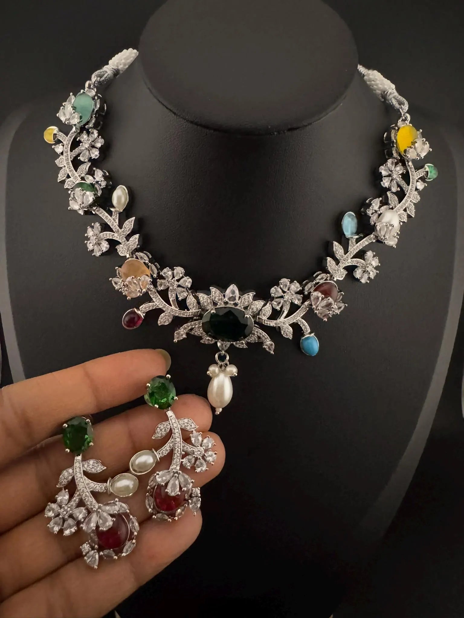 Green Premium American Diamond, Cubic Zirconia, Stones and Pearls Floral Necklace with earrings