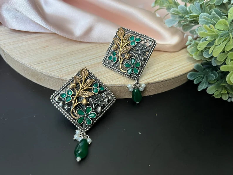 Green oxidized silver earring stud with stone and pearl, Oxidized silver earring