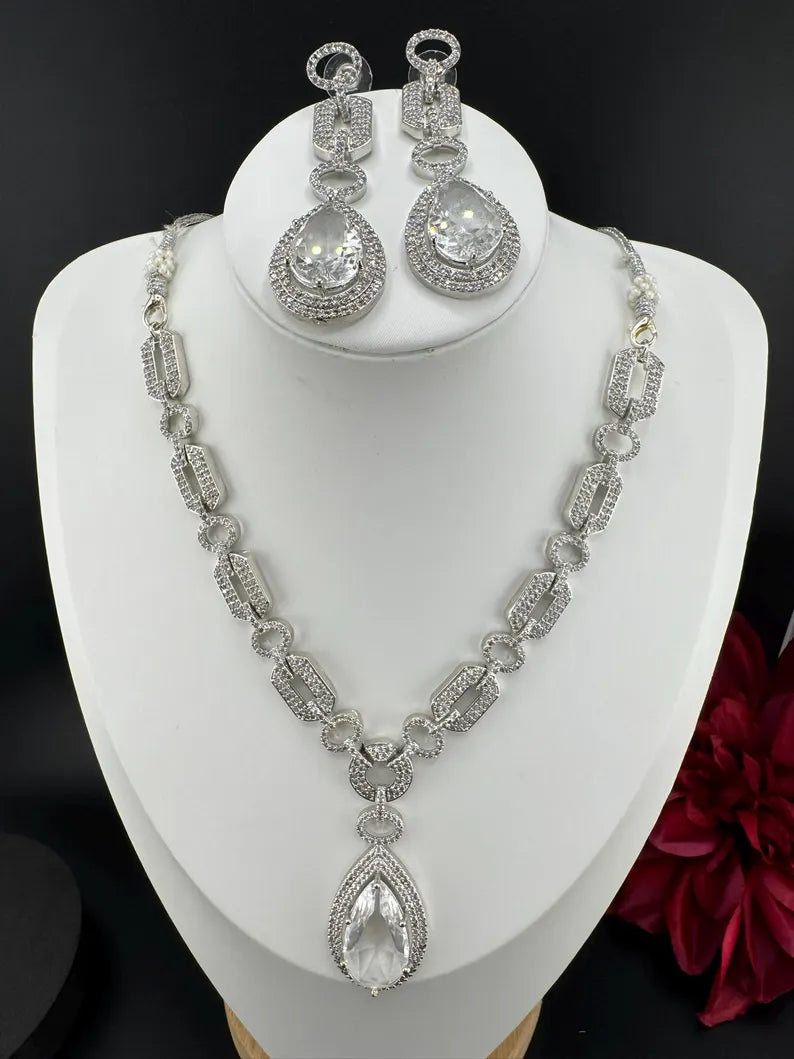 Silver polish American Diamond, Cubic Zirconia Chain style Clear Necklace set