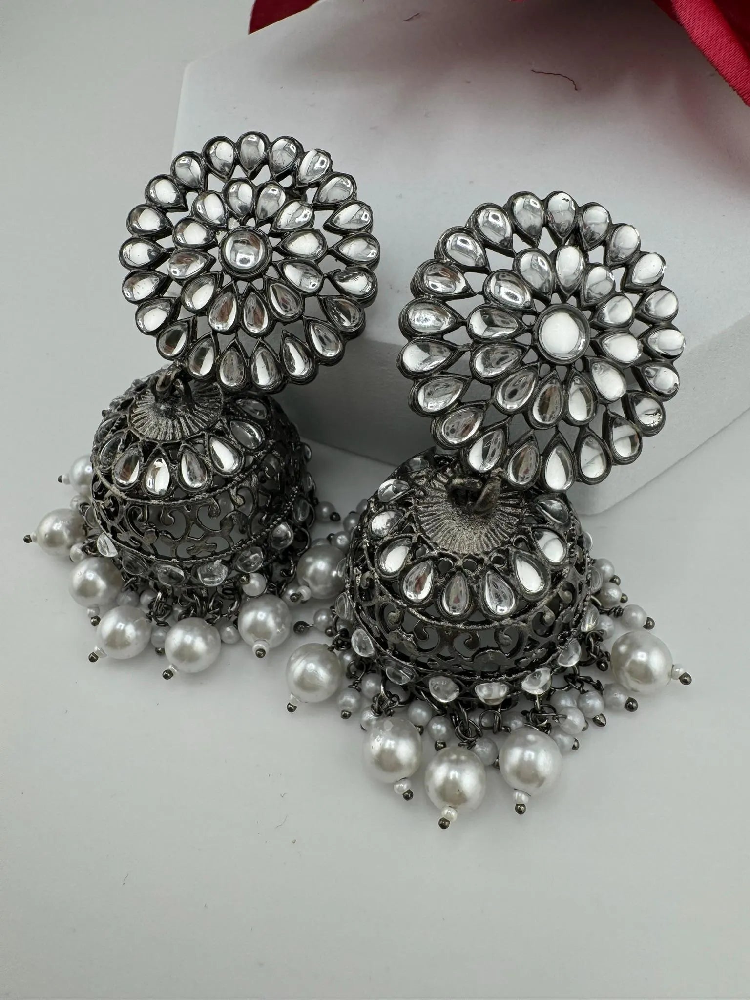 Dark Silver Polish Oxidized earrings Jhumka with stones and pearls