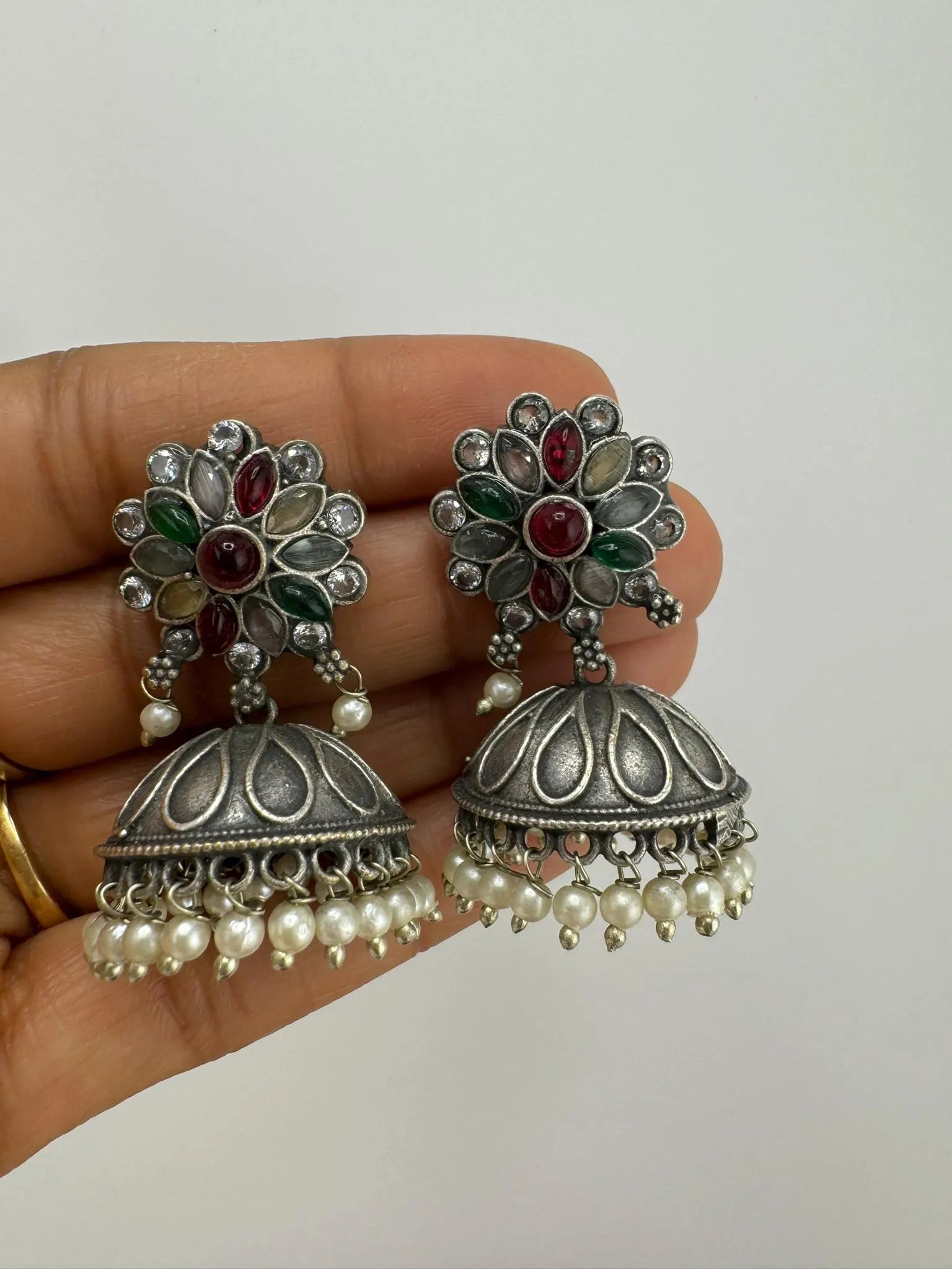 German silver oxidized Earrings with pearls and stones