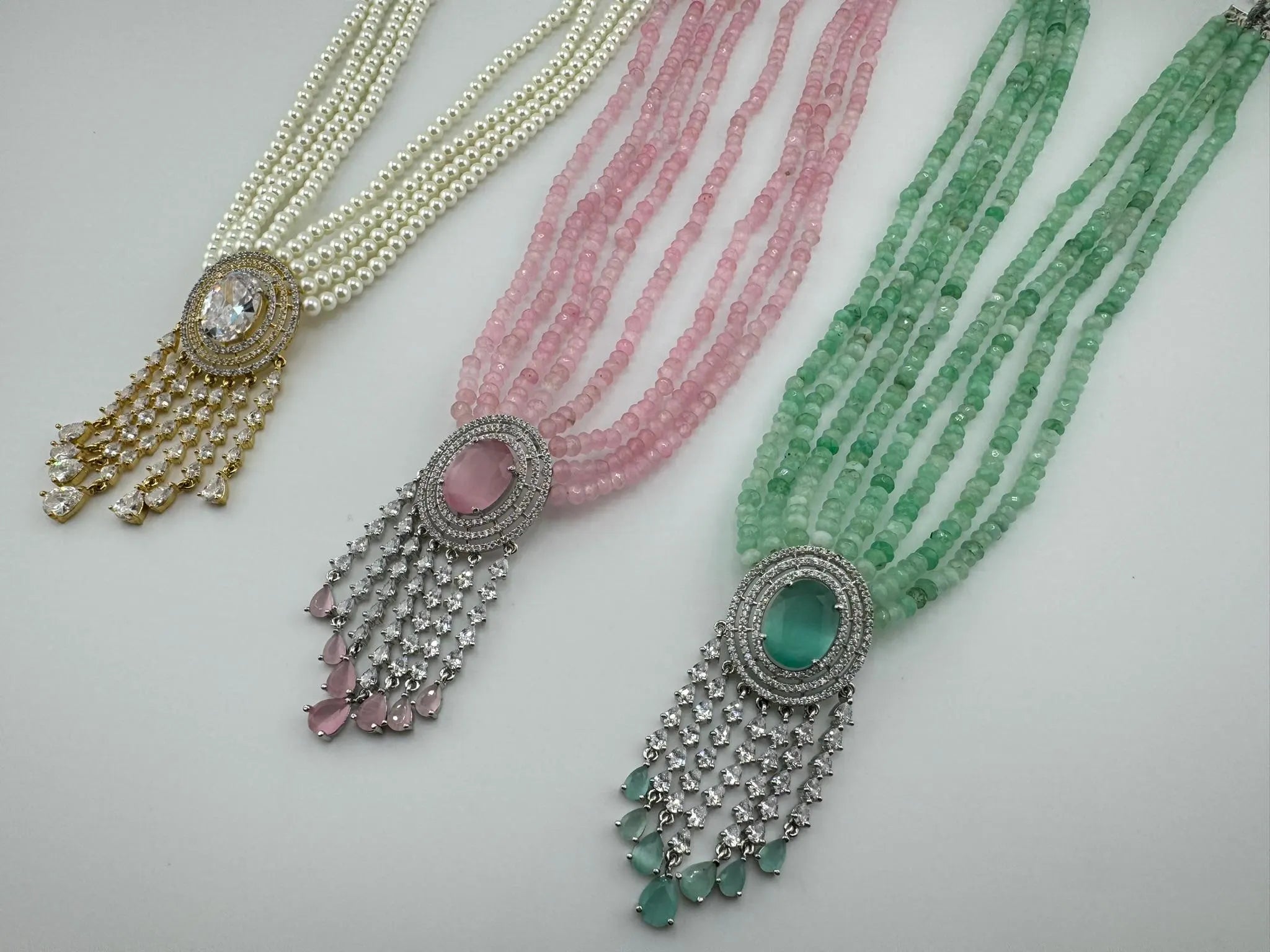 Premium Long necklace,  Rani Haar with CZ pendant, natural stones and onyx beads Long Necklace set