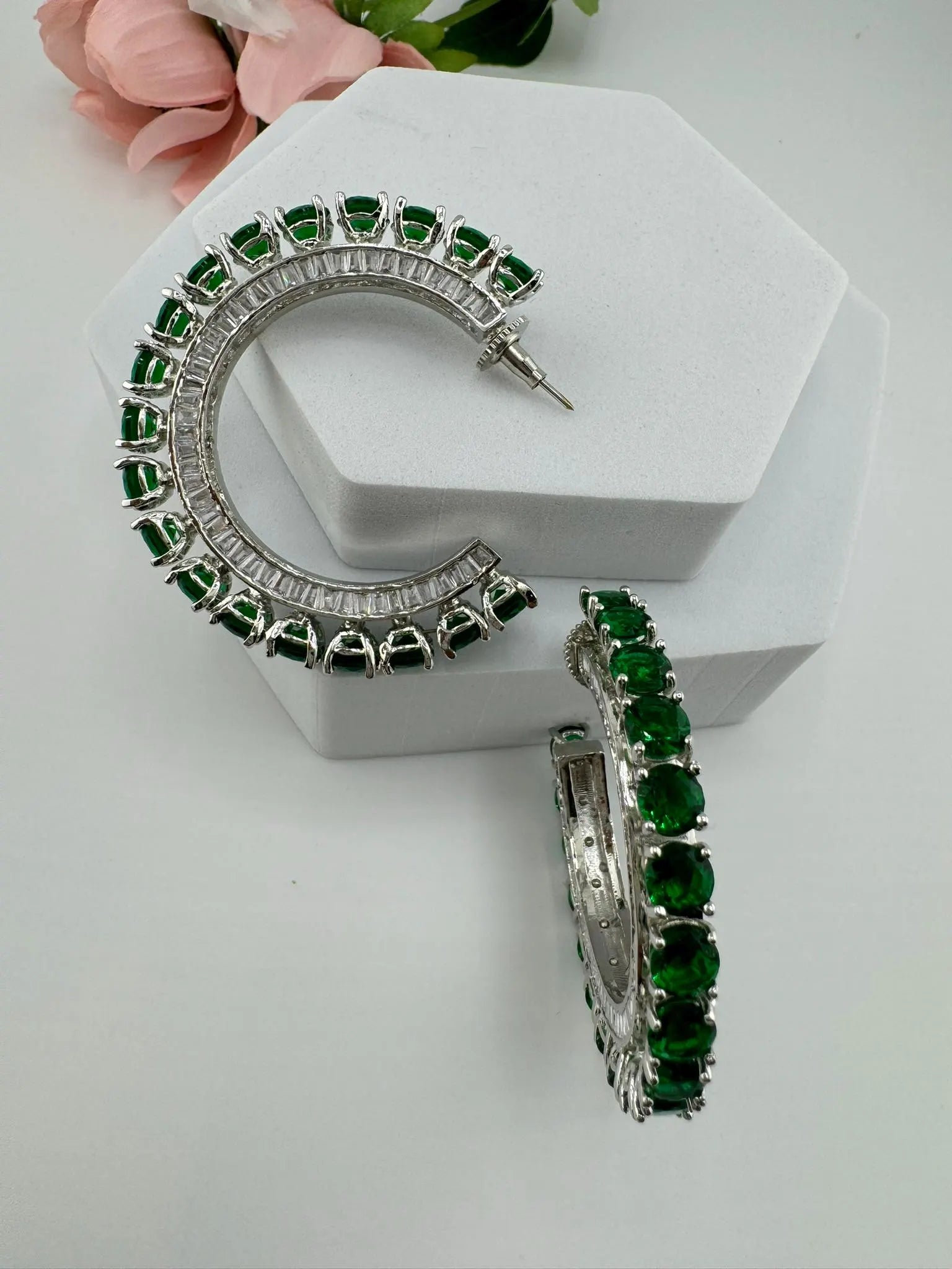 Swarovski inspired Premium Designer Open Hoop Earrings in Emerald Green crystals
