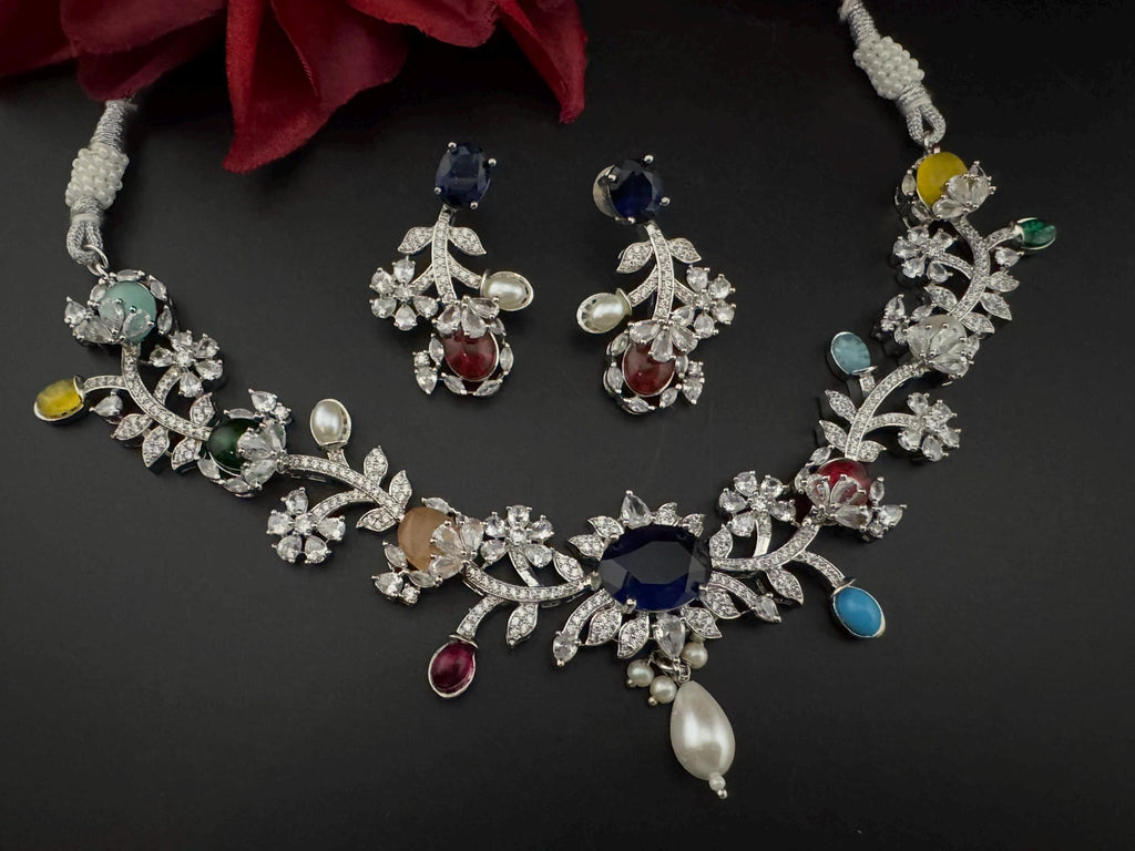 Blue Premium American Diamond, Cubic Zirconia, stones and pearls Floral Necklace with earrings