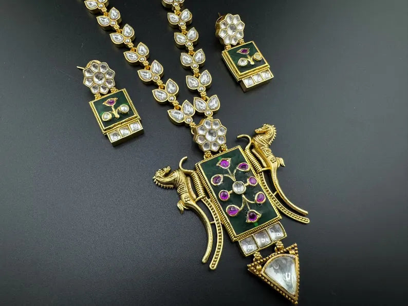 Green Amrapali Inspired, Premium Quality Inlay work on natural stone long Necklace