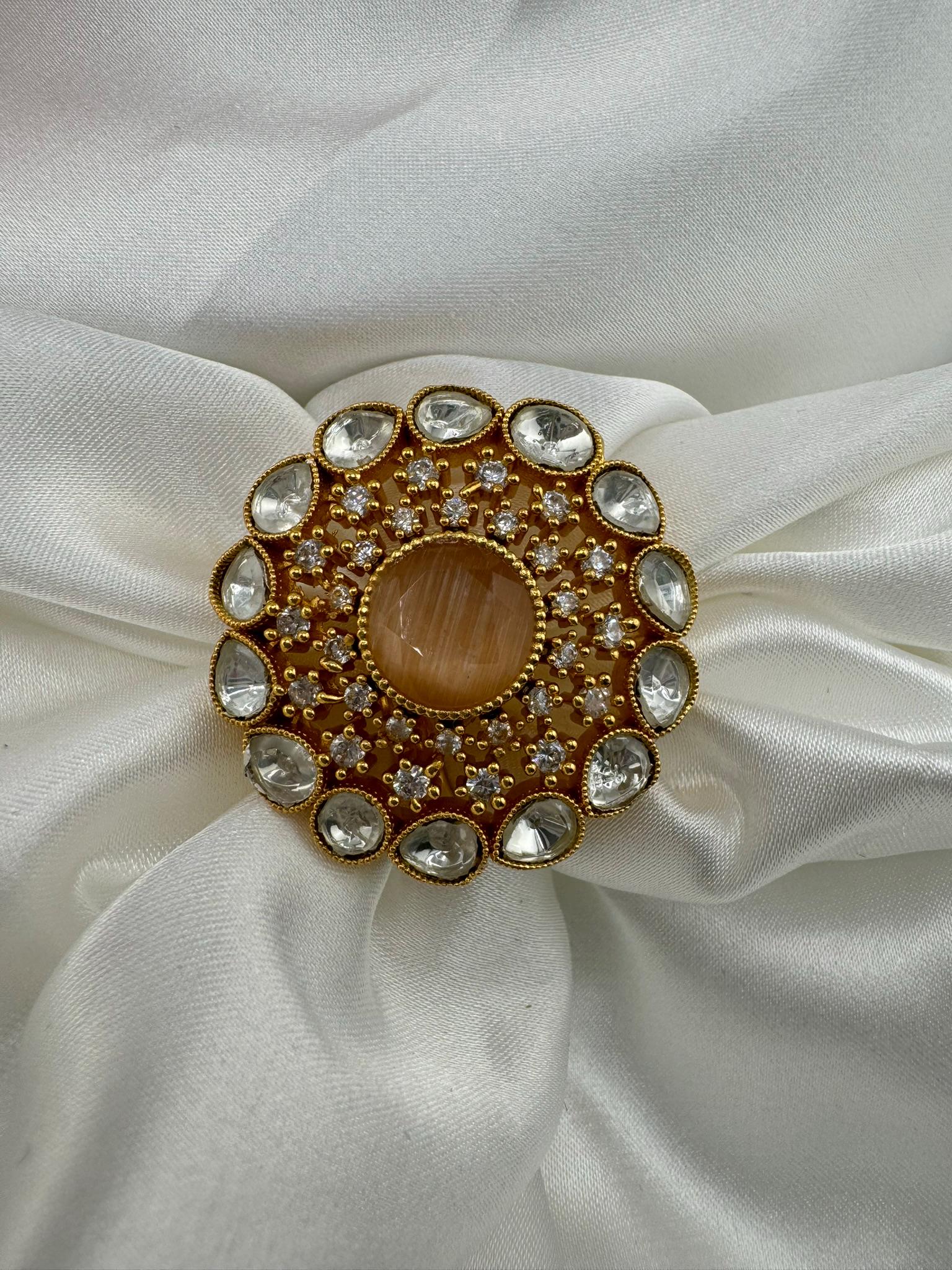 Adjustable Premium Big Finger Ring with Moissanite Kundan and Cubic Zirconia