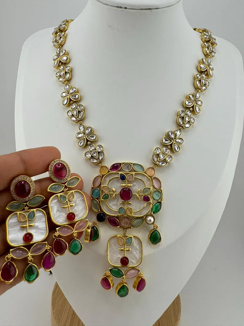 Amrapali inspired, Premium Quality Inlay work on MOP long Necklace