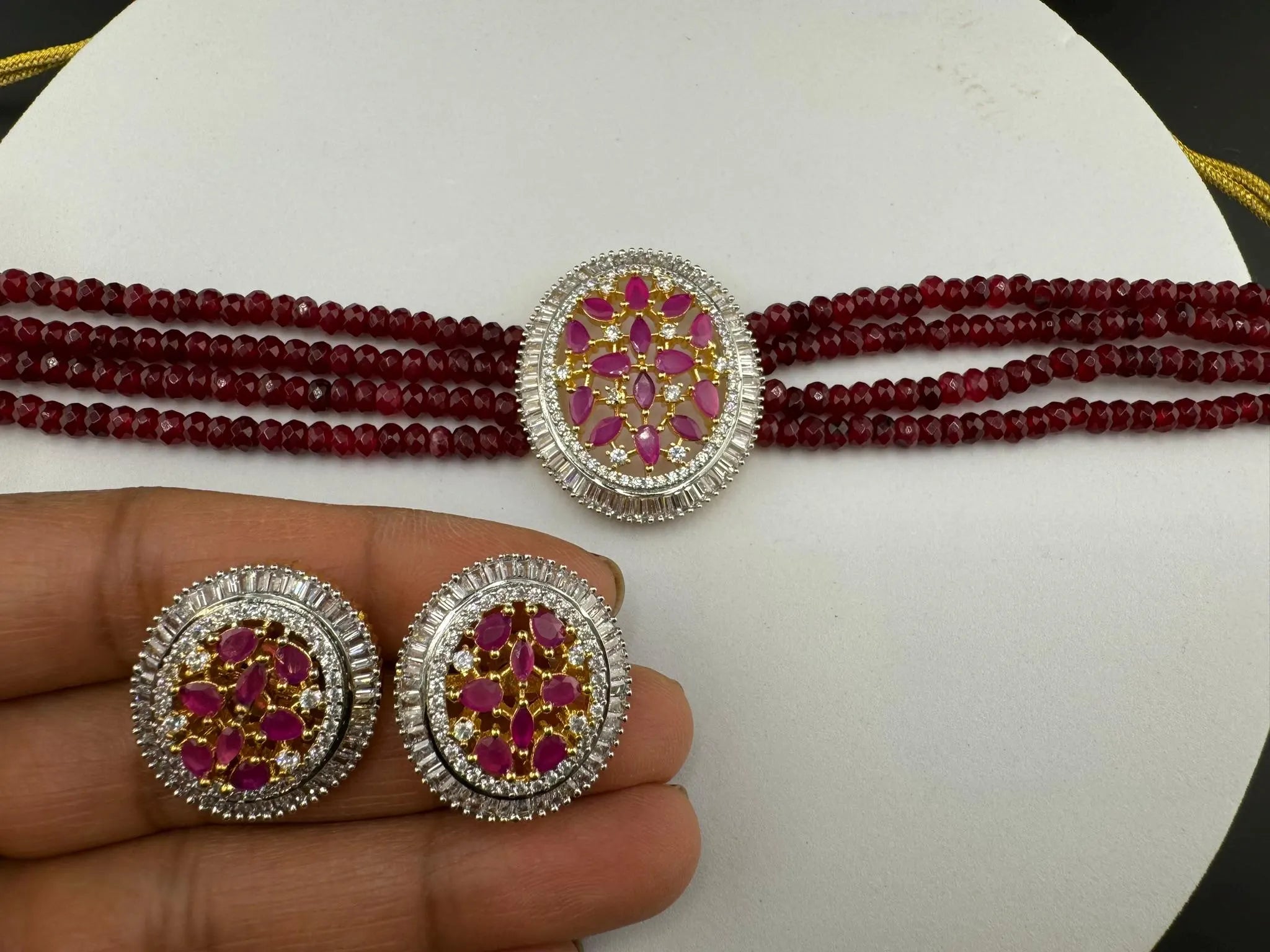 Premium Fusion necklace with CZ Pendant, natural stones and onyx beads choker Necklace set