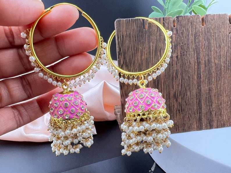 Premium Pink Jhumka Earrings with Minakari, CZ and pearls