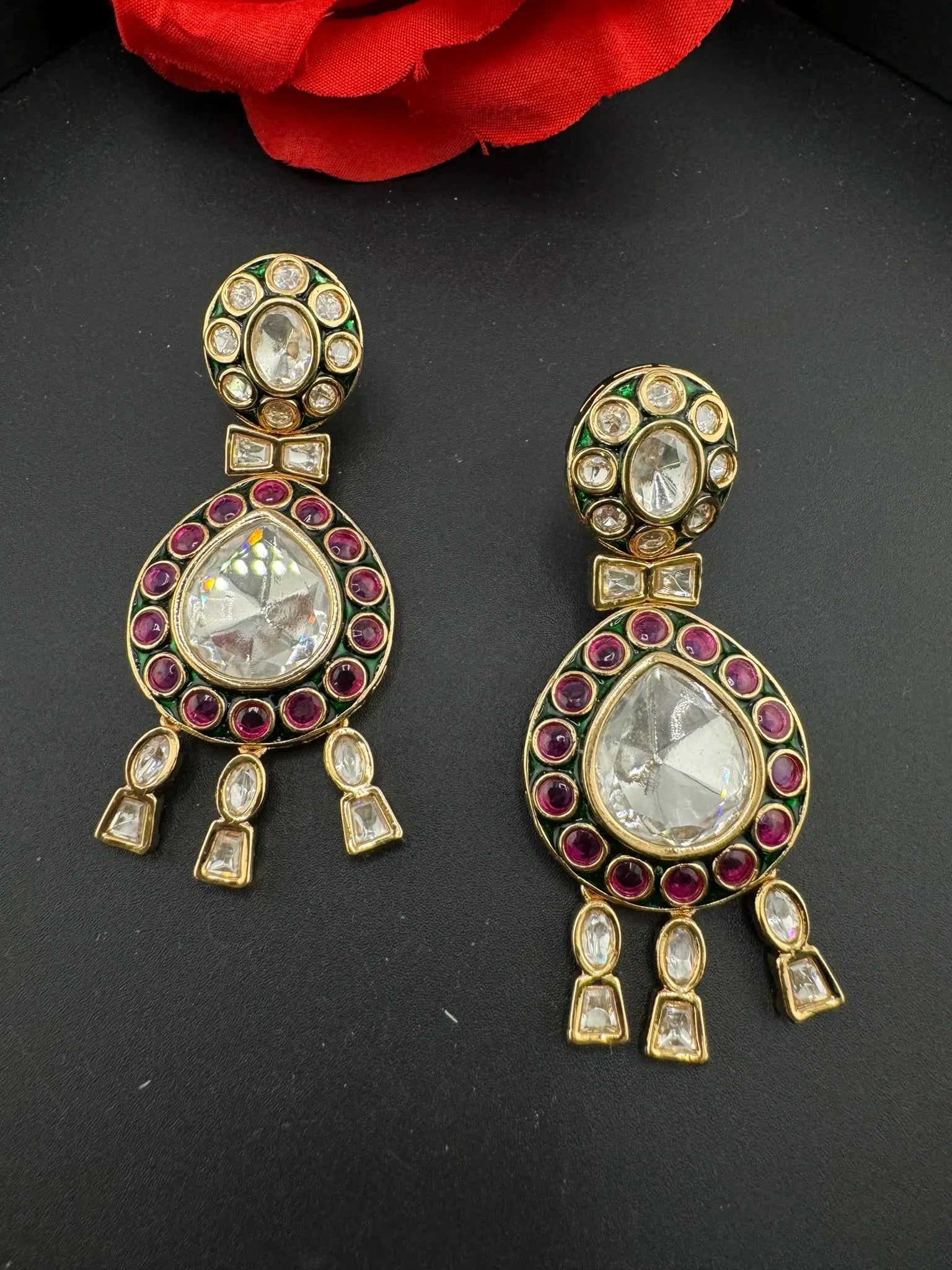 Amrapali inspired Premium Uncut Moissanite kundan with pachi kundan, CZ, Italian Minakari designer earrings