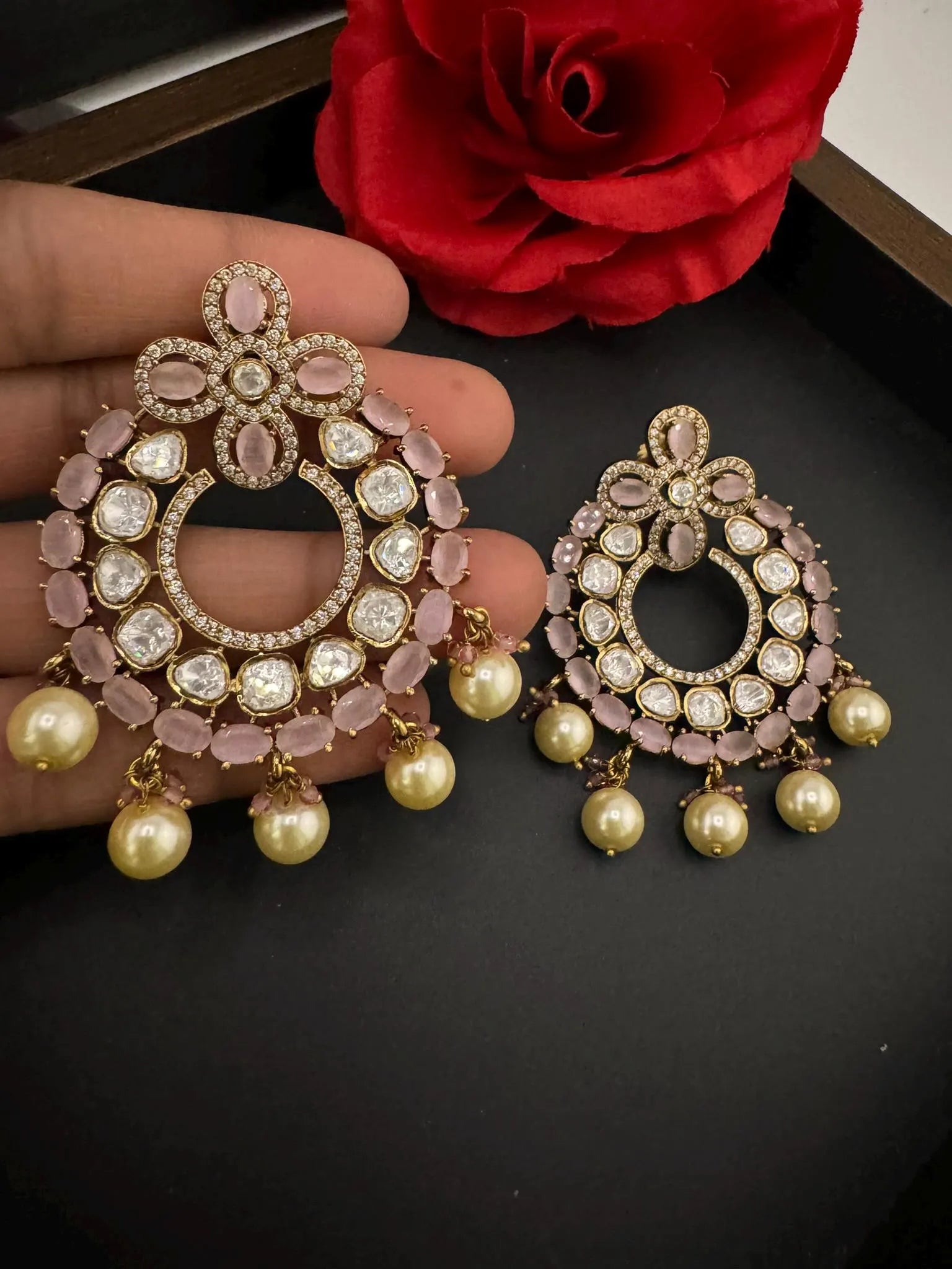 Premium Moissanite Kundan with Pink stones, CZ, Pearls designer Chandelier Earrings