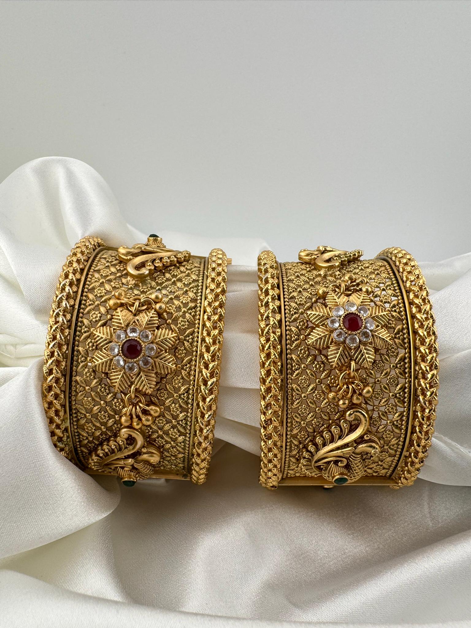 Amrapali inspired Designer bangles set, Openable Matt Gold Broad bangle set size-2.4"