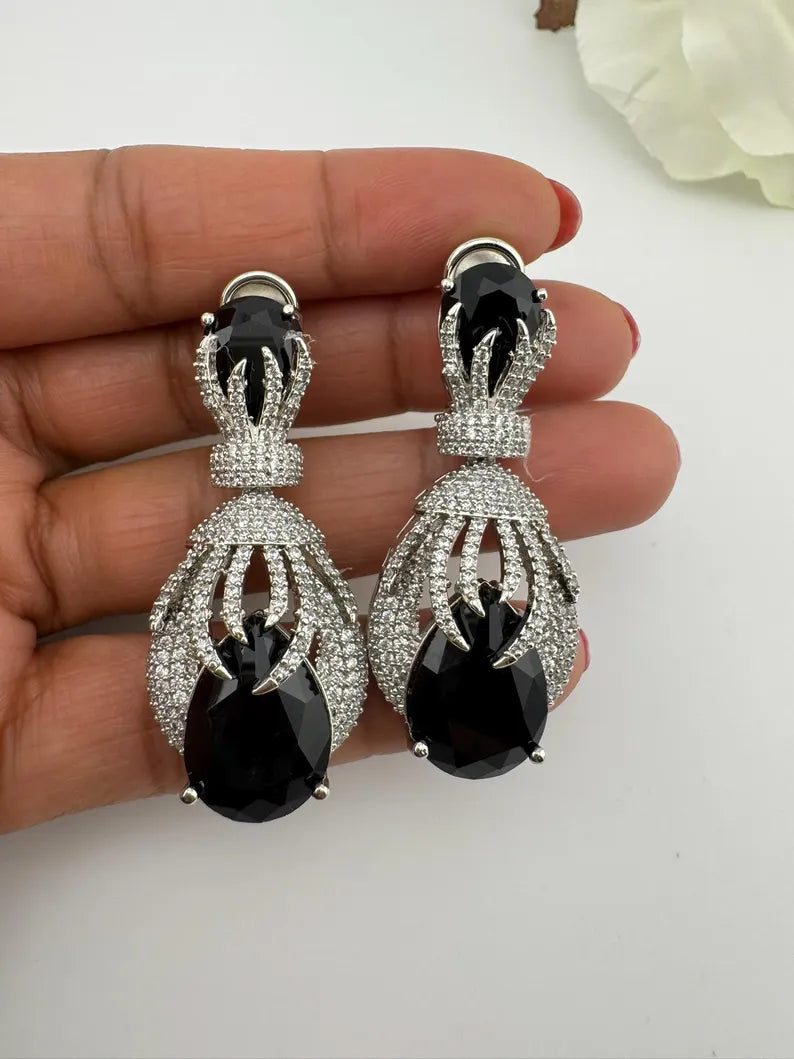 Premium Nano Setting Cubic Zirconia Chandelier earrings with Black Stone