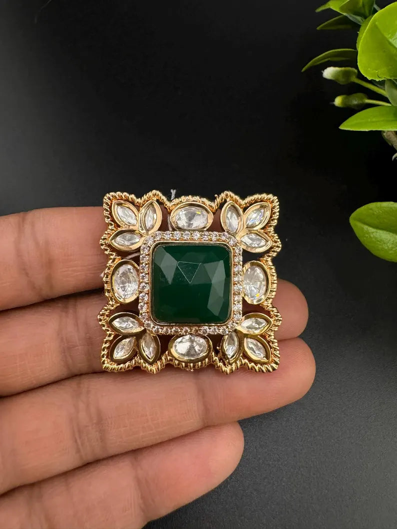 Moissanite Kundan and Green Stone Adjustable Square Finger Ring, Tyaani inspired