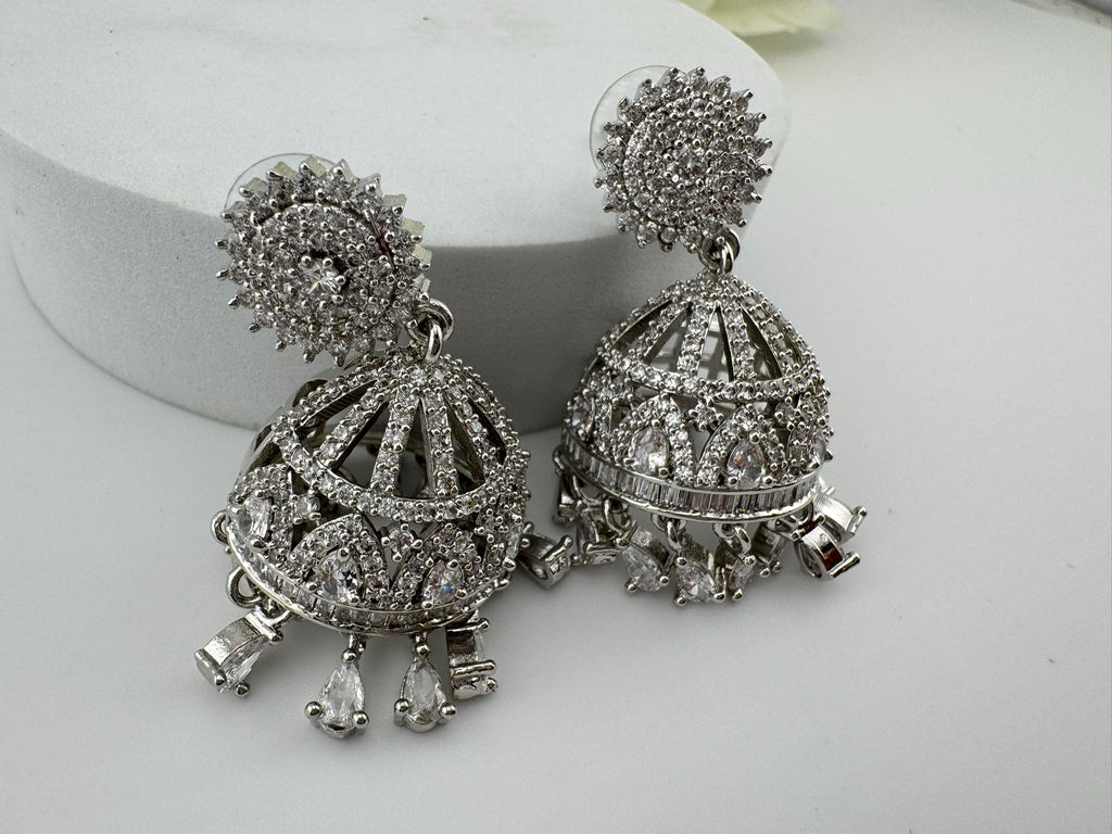 Silver polish Premium Jhumka in Cubic Zirconia Jhumki