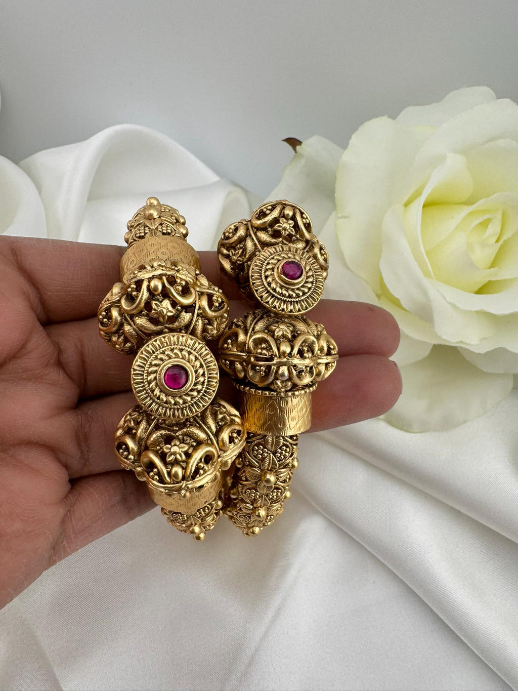 Amrapali inspired Designer Openable bangles in Matt Gold and ruby stones set of 2