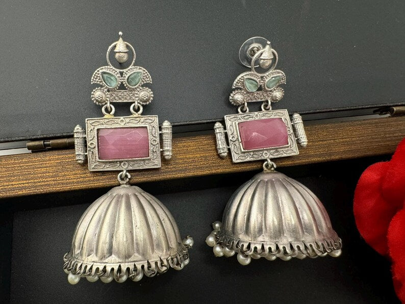 Oversized Oxidized German Silver Premium Jhumka earrings with Pink Monalisa stone