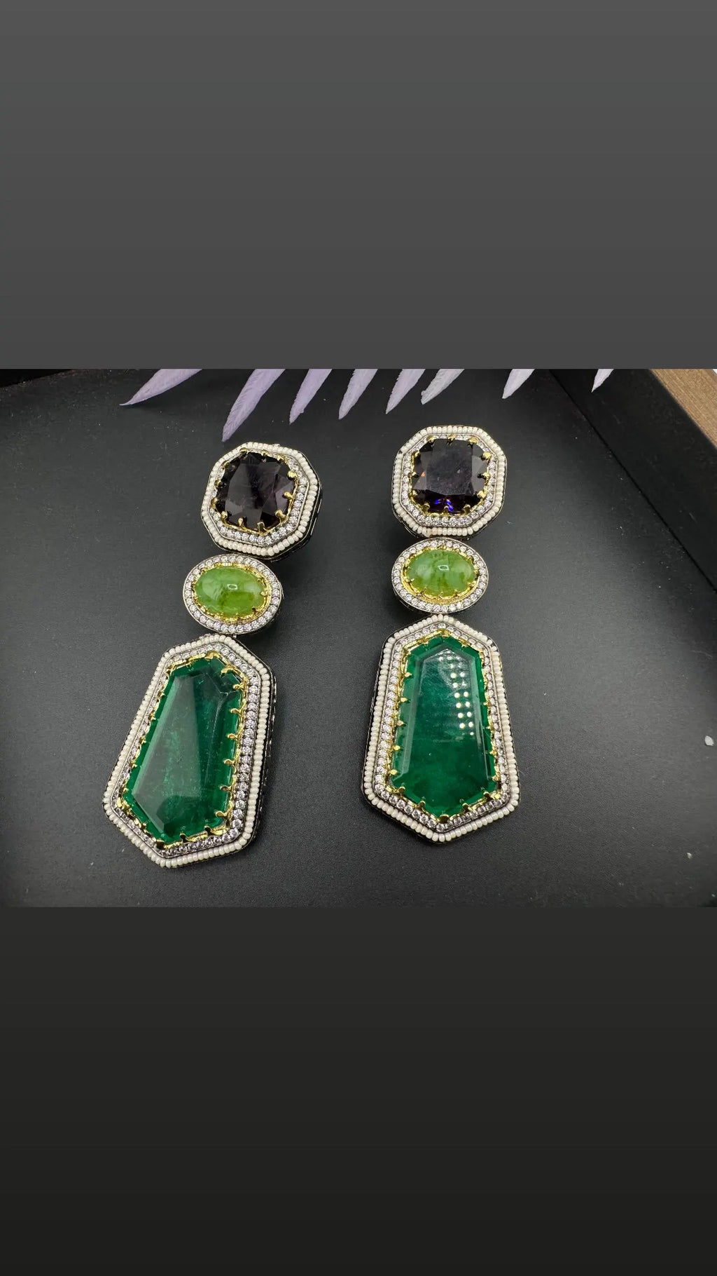 Sabyasachi Inspired designer Premium Purple and Green Victorian long earrings in CZ and pearls details