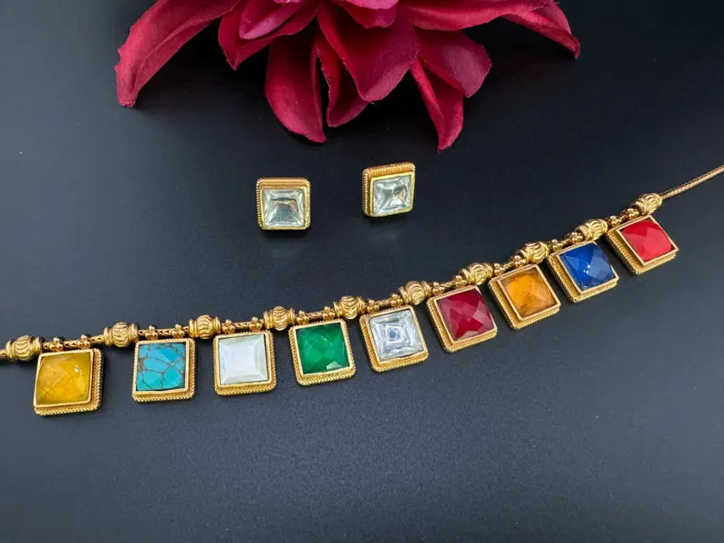 Premium Necklace in Multicolor stone, Kundan in Matt Gold with studs earring