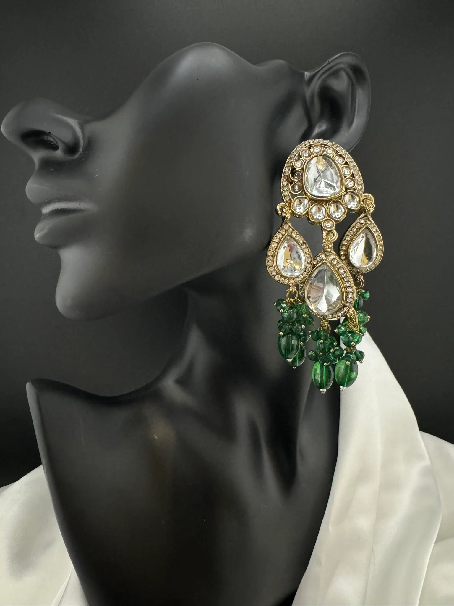 Kundan and Cubic Zirconia Long Chand Bali viral earring with stones and pearls