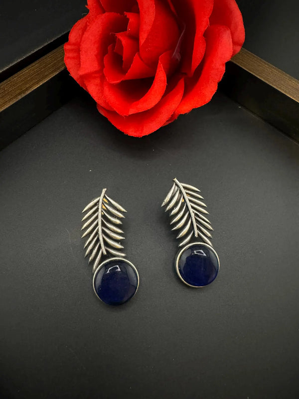 Oxidized German silver leaf pattern Stud earrings with Monalisa stone