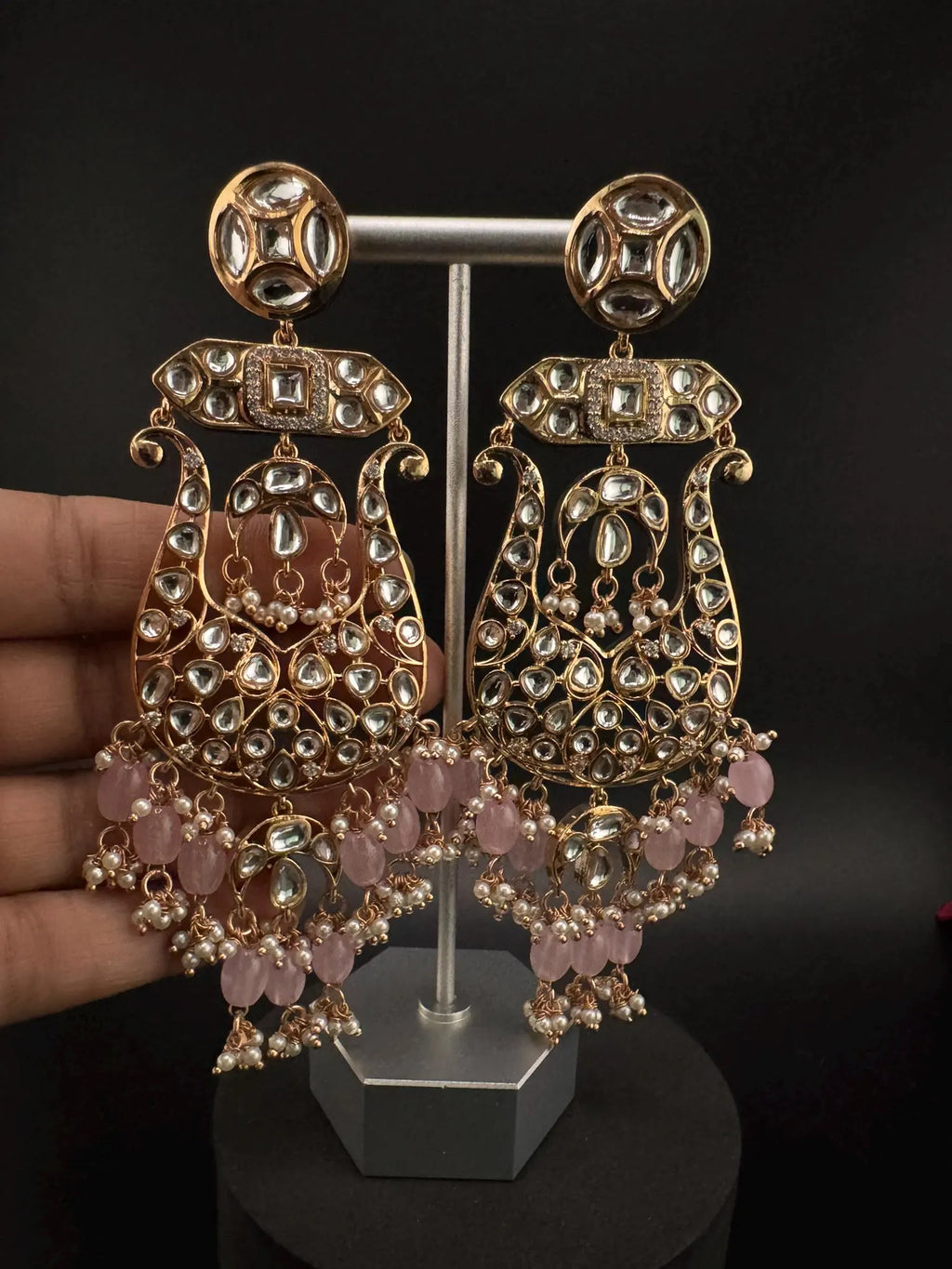 Tyaani inspired Premium Uncut Kundan, Pink Pearls, CZ  designer earrings/Long Chandelier earrings