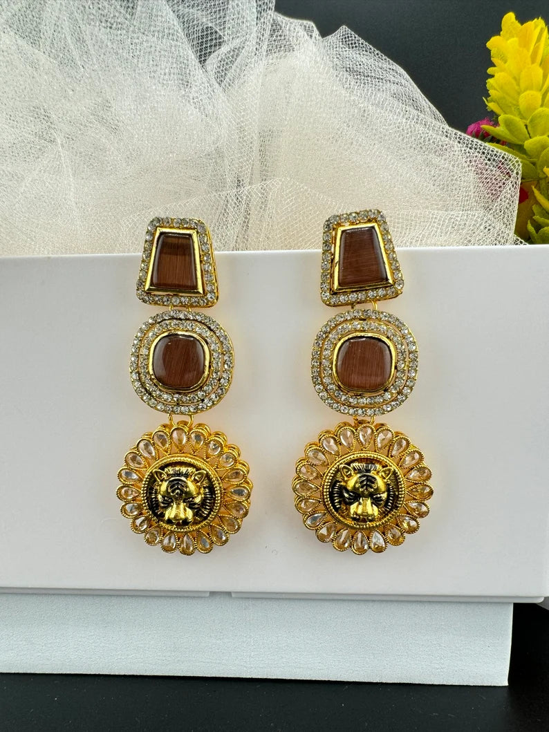 Premium Sabyasachi inspired designer Chand Bali earring Wine Brown color, Long Chandelier earring