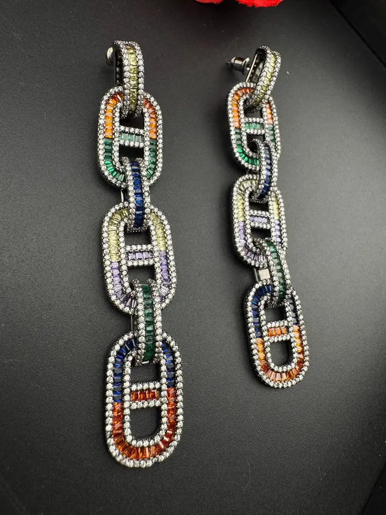 Unique Nano Setting Cubic Zirconia Multicolor Long Earrings