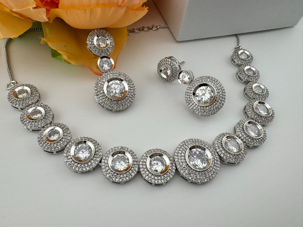 Premium American Diamond, Cubic Zirconia, Silver Polish, High Shine Sleek Necklace set with long earrings