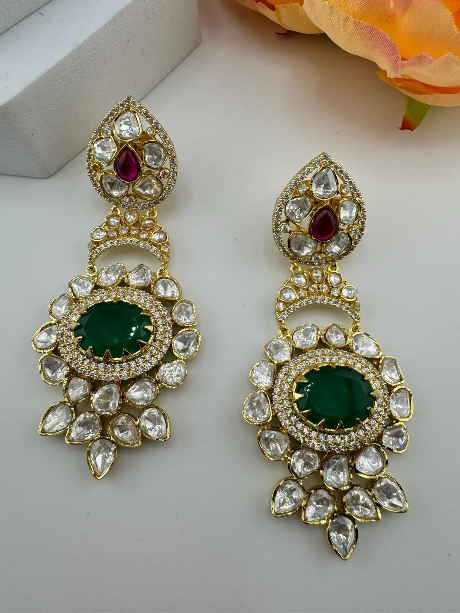 Premium Designer Uncut Kundan with Doublet stone and CZ details long earrings