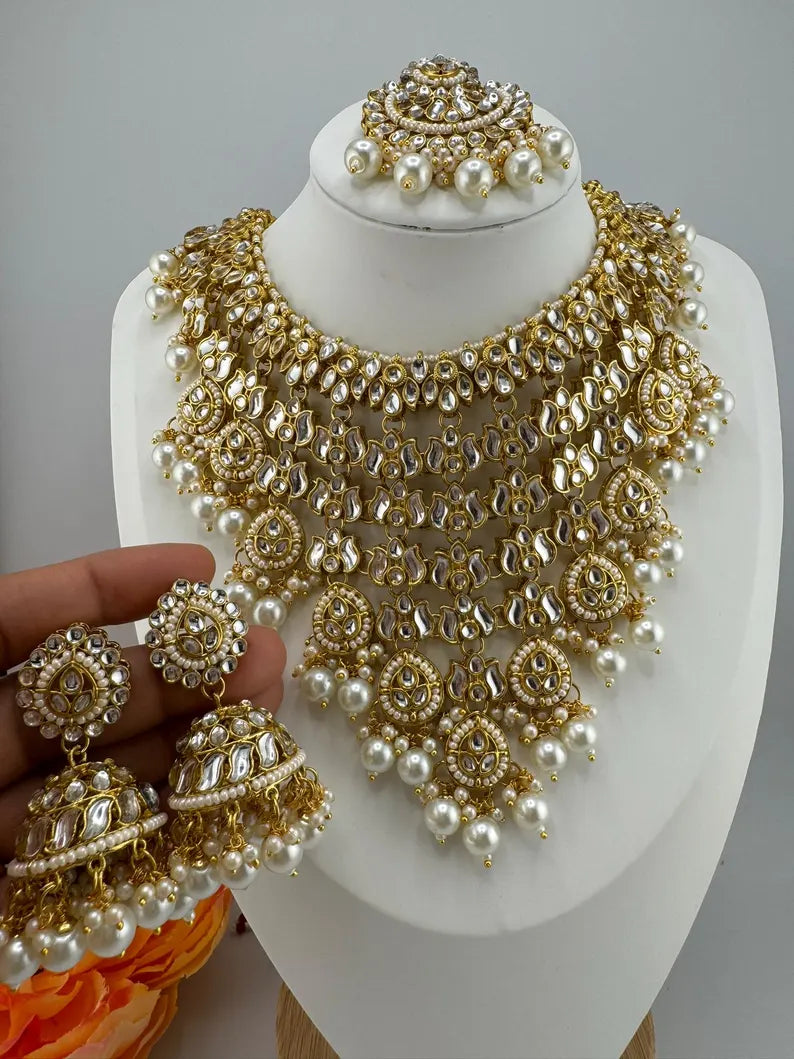 Kundan Heavy Bridal Necklace Set with Jhumka and Tikka