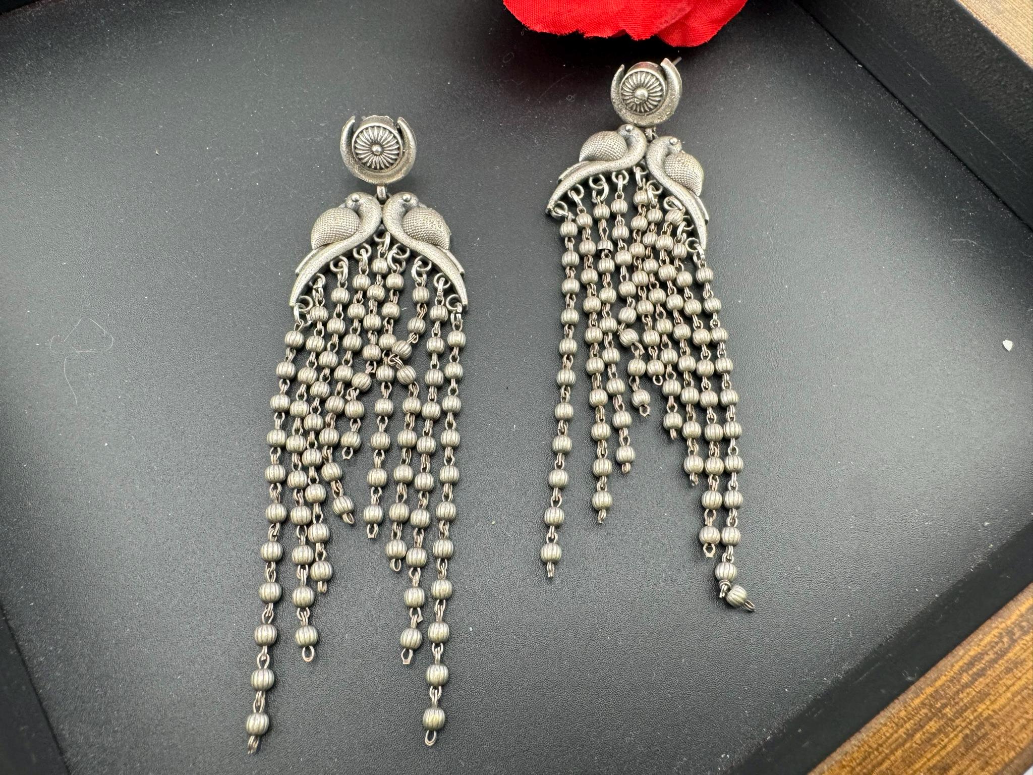 Peacock German Silver oxidized silver long earring with Tassel