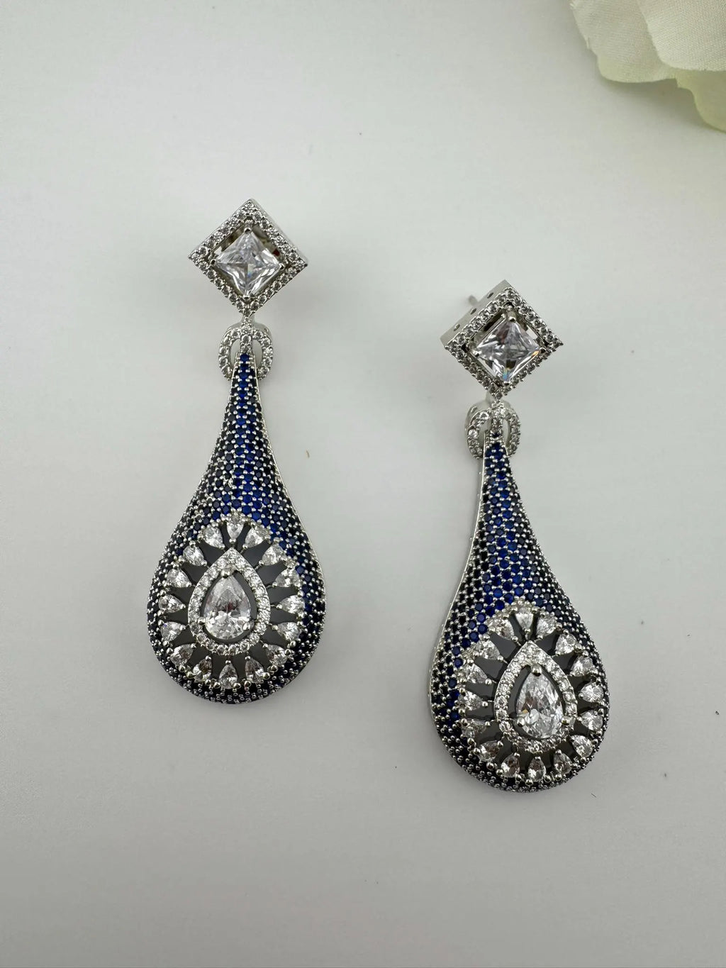 Blue Premium Nano Setting Cubic Zirconia Long Drop earrings with Clear crystal stones