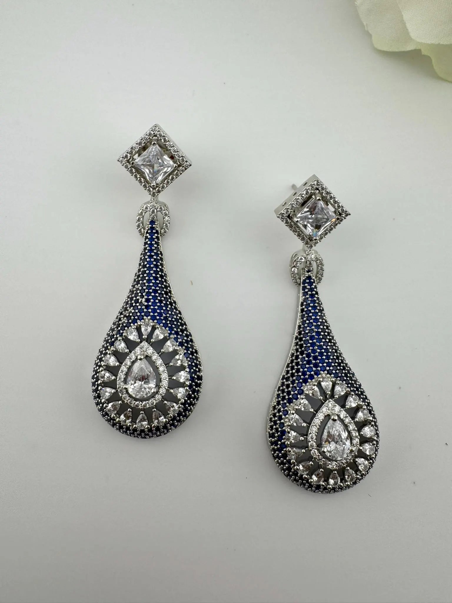 Blue Premium Nano Setting Cubic Zirconia Long Drop earrings with Clear crystal stones