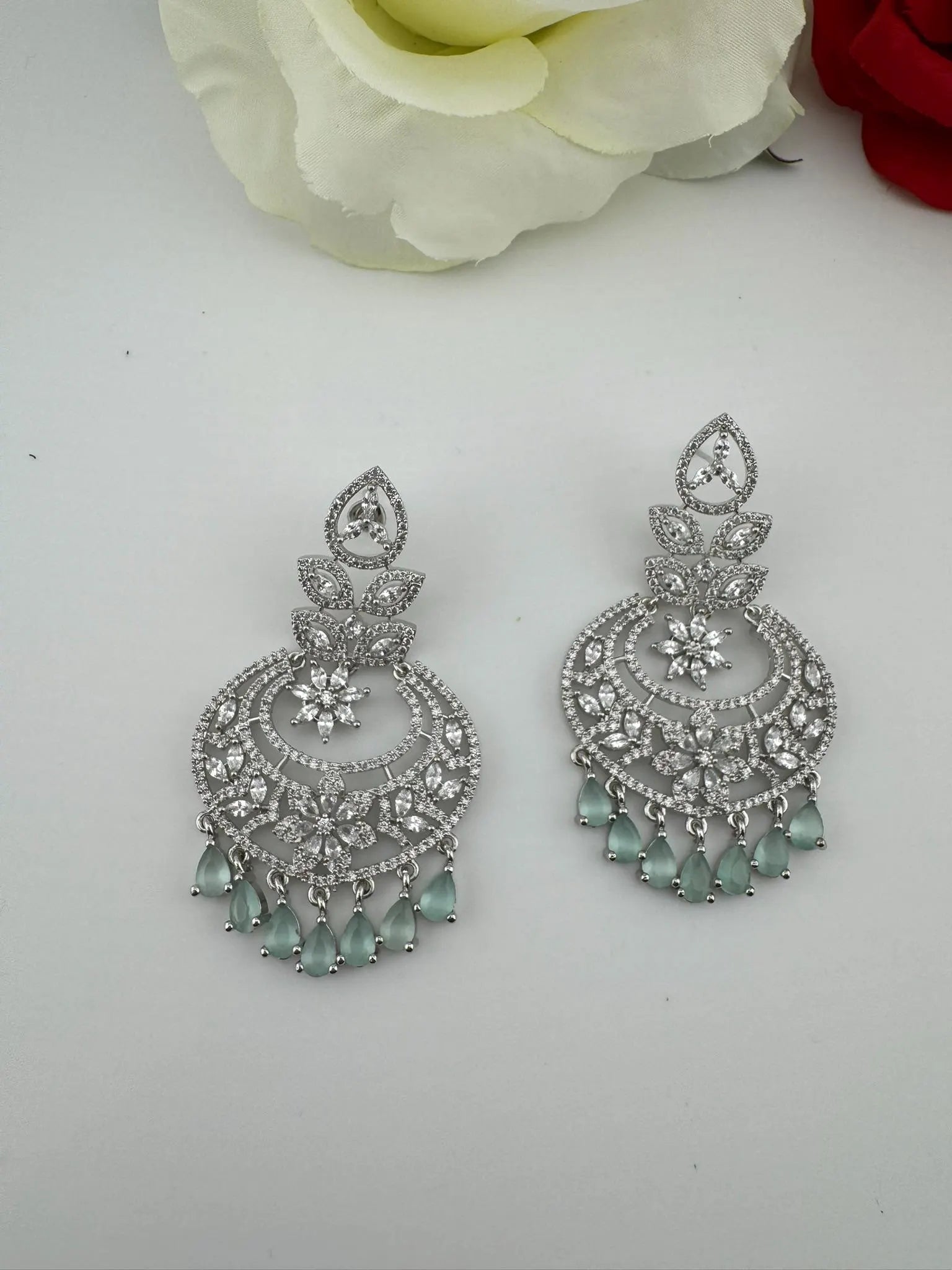 Premium Cubic Zirconia Chandelier chandbali earrings in Crystal stones in silver polish, Long earrings