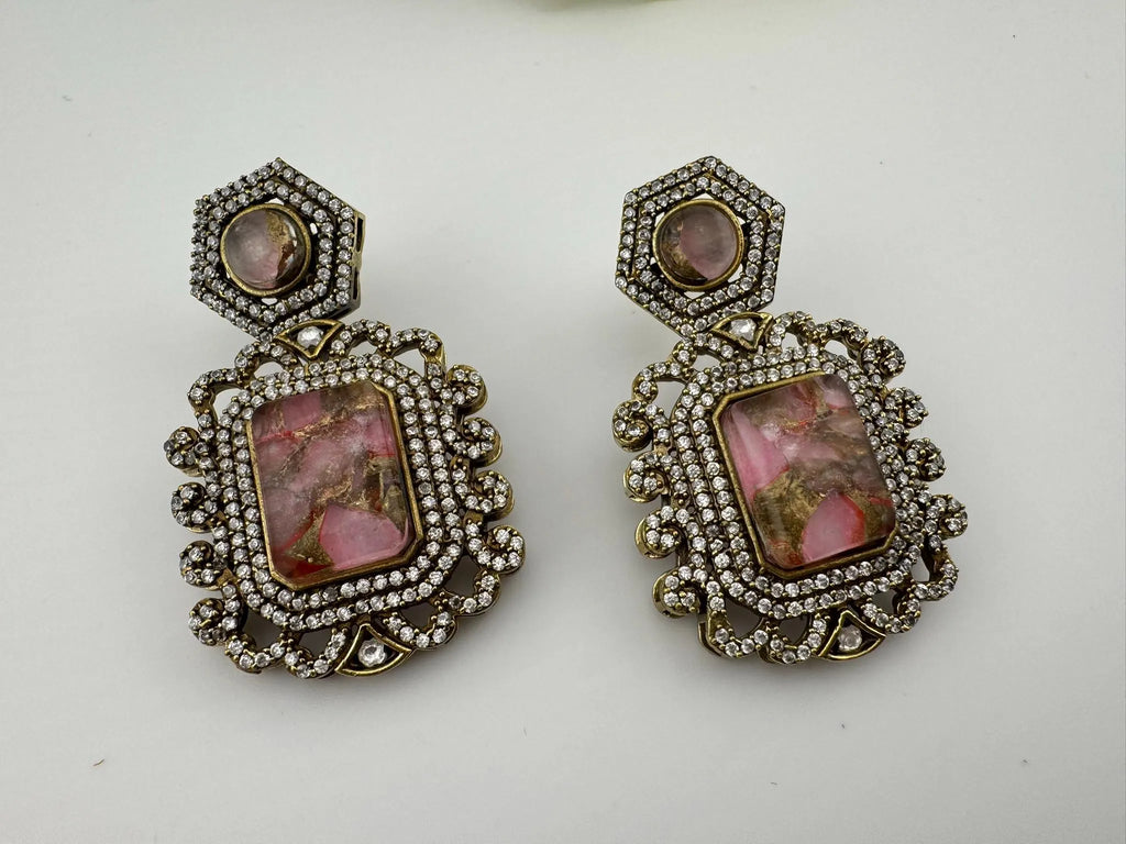 Premium Drop earrings with Marble Doublet stone and cubic zirconia, Gold polish