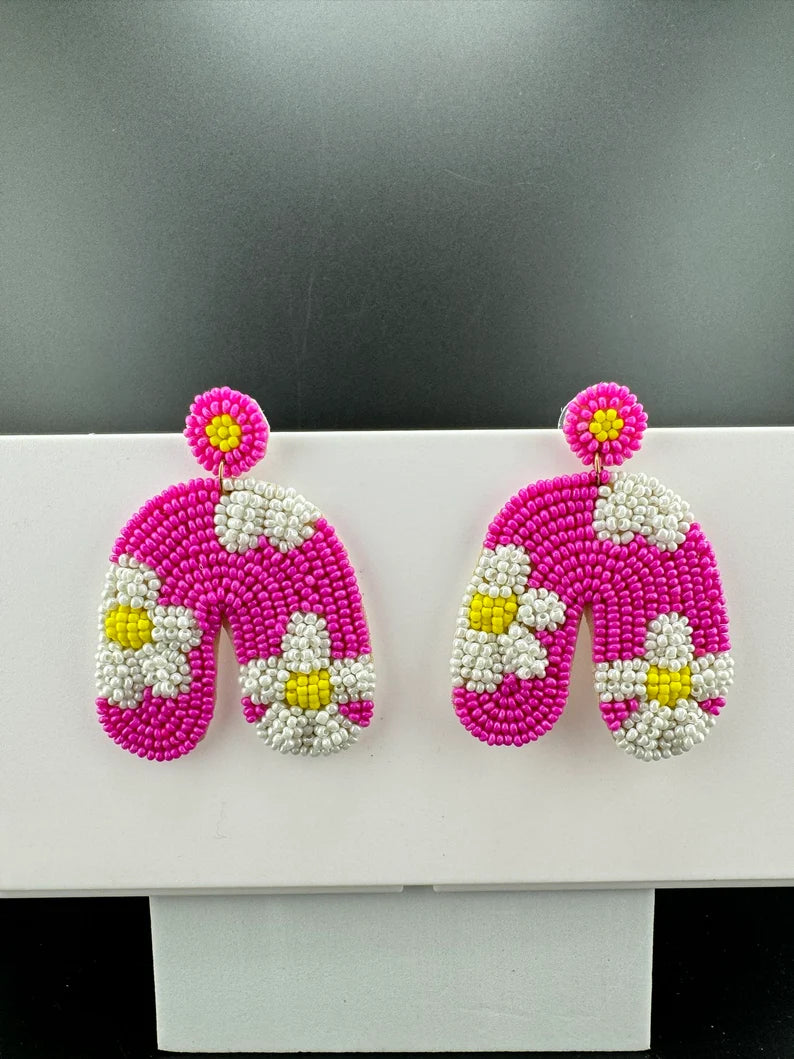 Beaded Hot Pink with flowers Quirky earring, Handmade earring