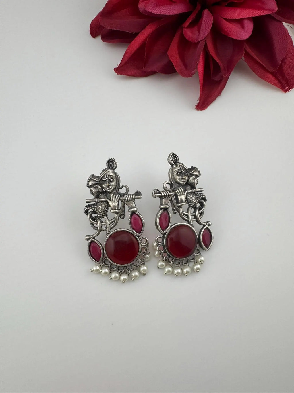 Silver Polish Oxidized German Silver Radhe Krishna Earrings with stones and Pearls